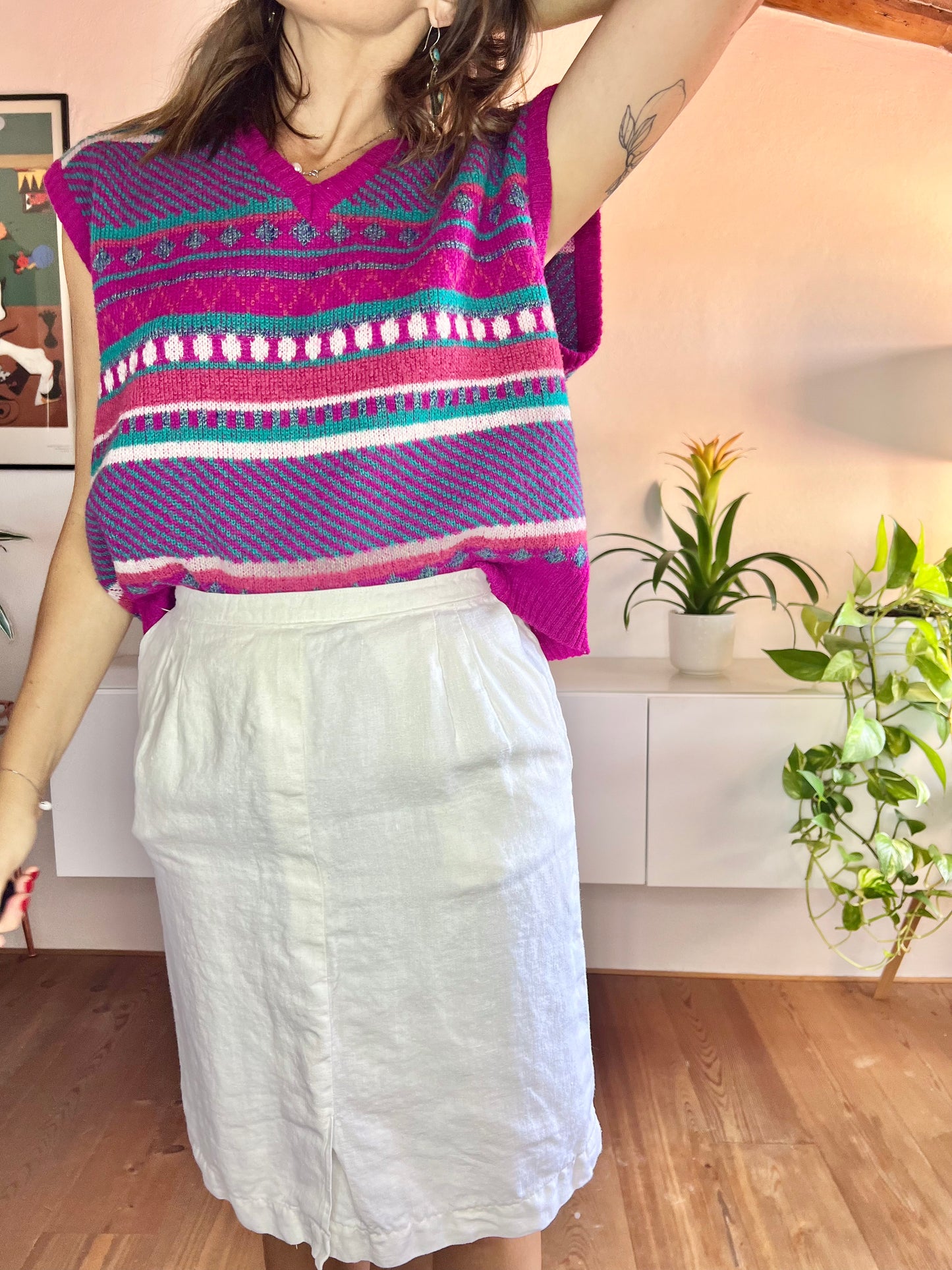 Gonna a tubino in lino bianco vintage anni '70