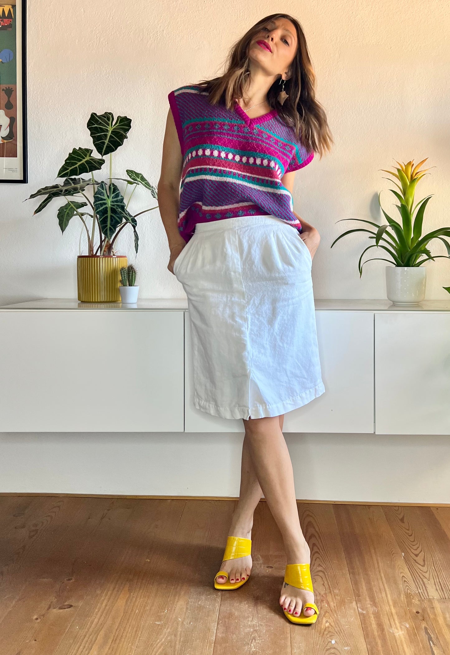 Gonna a tubino in lino bianco vintage anni '70