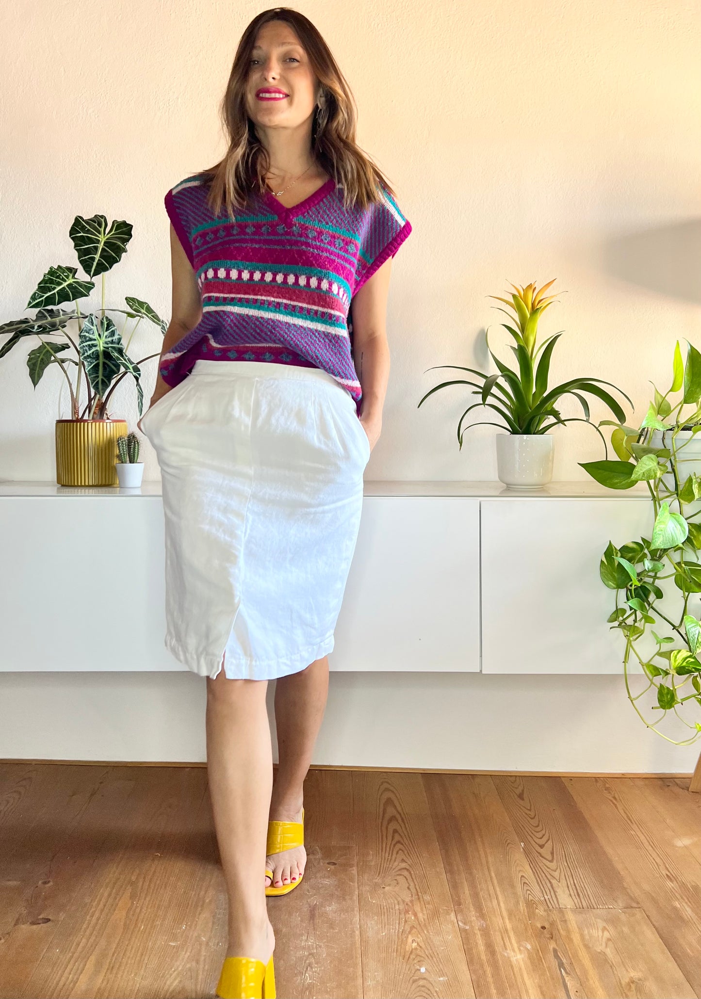 Gonna a tubino in lino bianco vintage anni '70