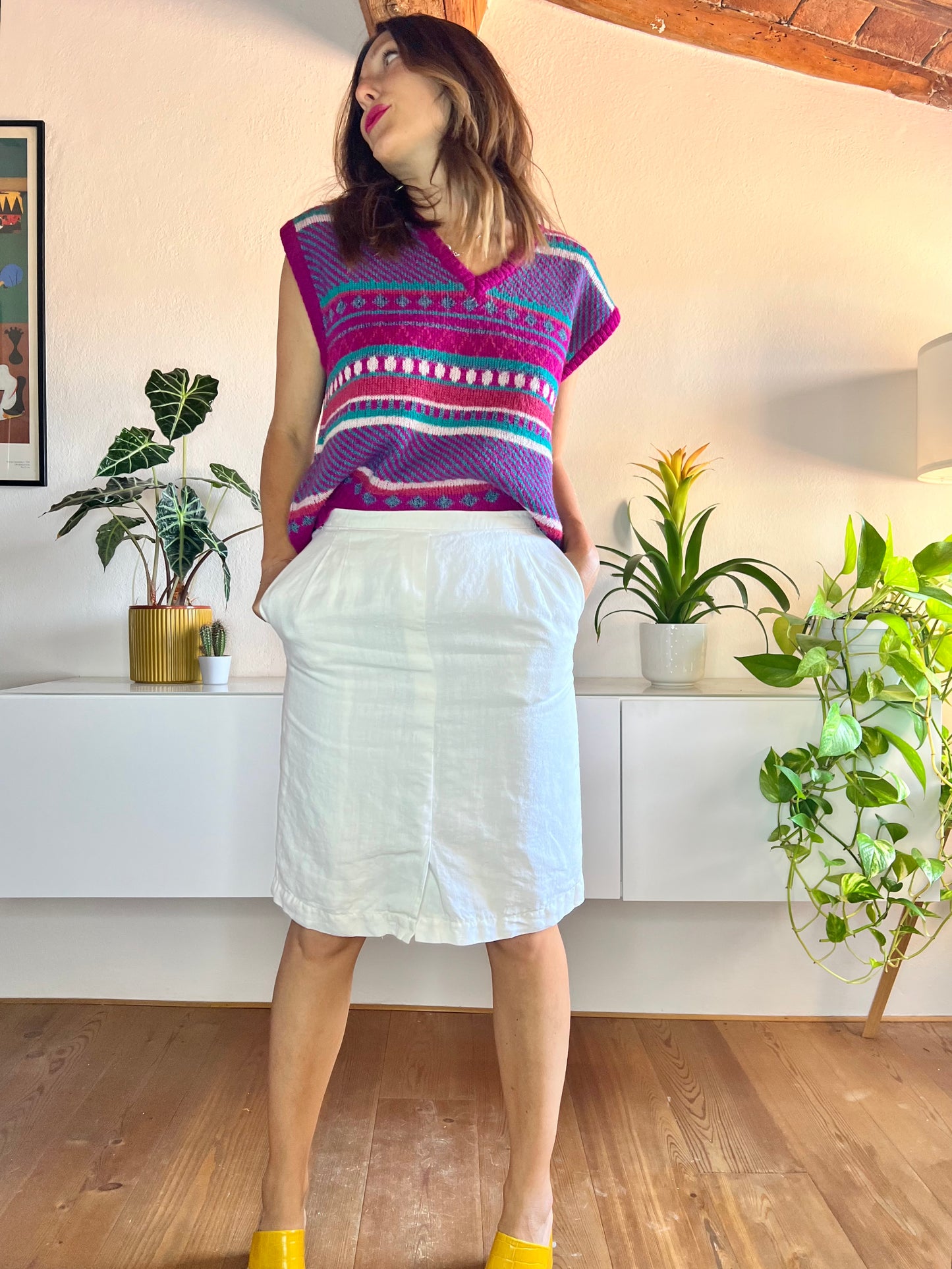 Gonna a tubino in lino bianco vintage anni '70