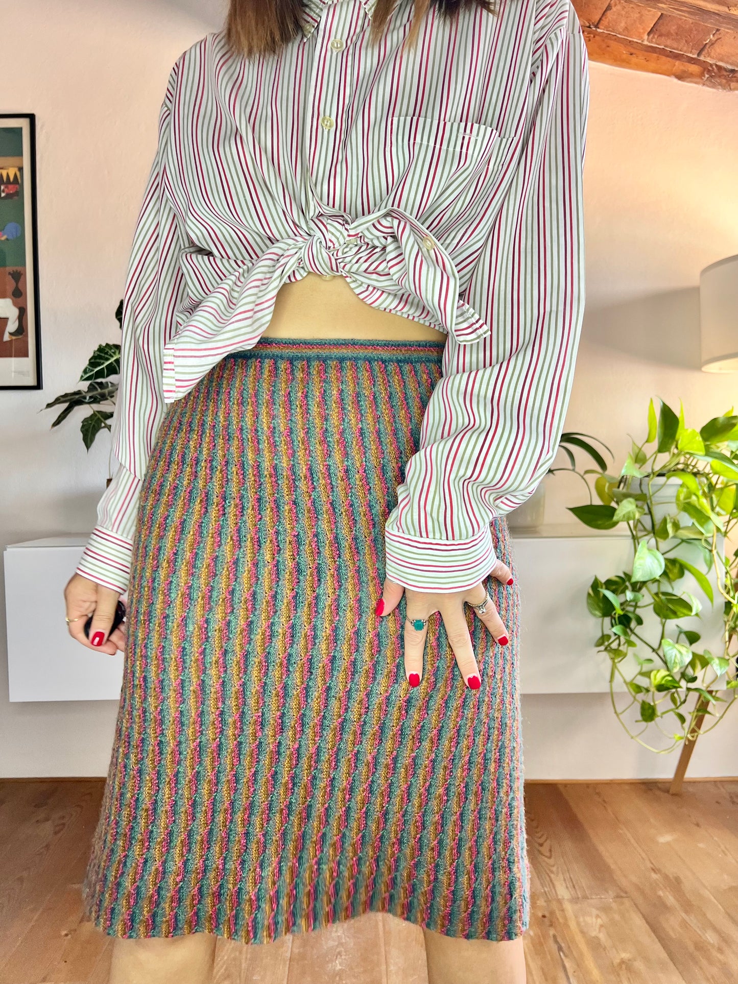 Gonna in maglia vintage a righe arcobaleno anni '70