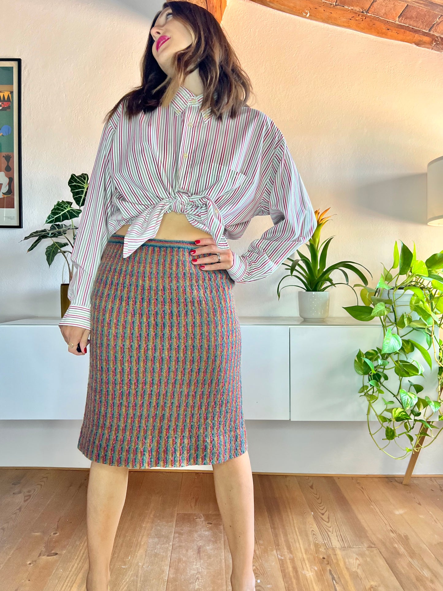 Gonna in maglia vintage a righe arcobaleno anni '70