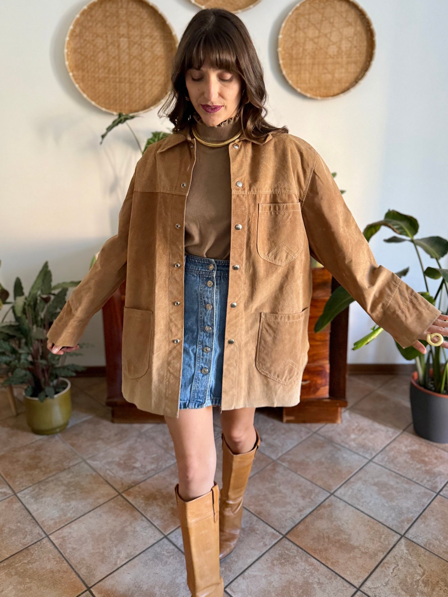 1970's vintage oversize tan leather shirt