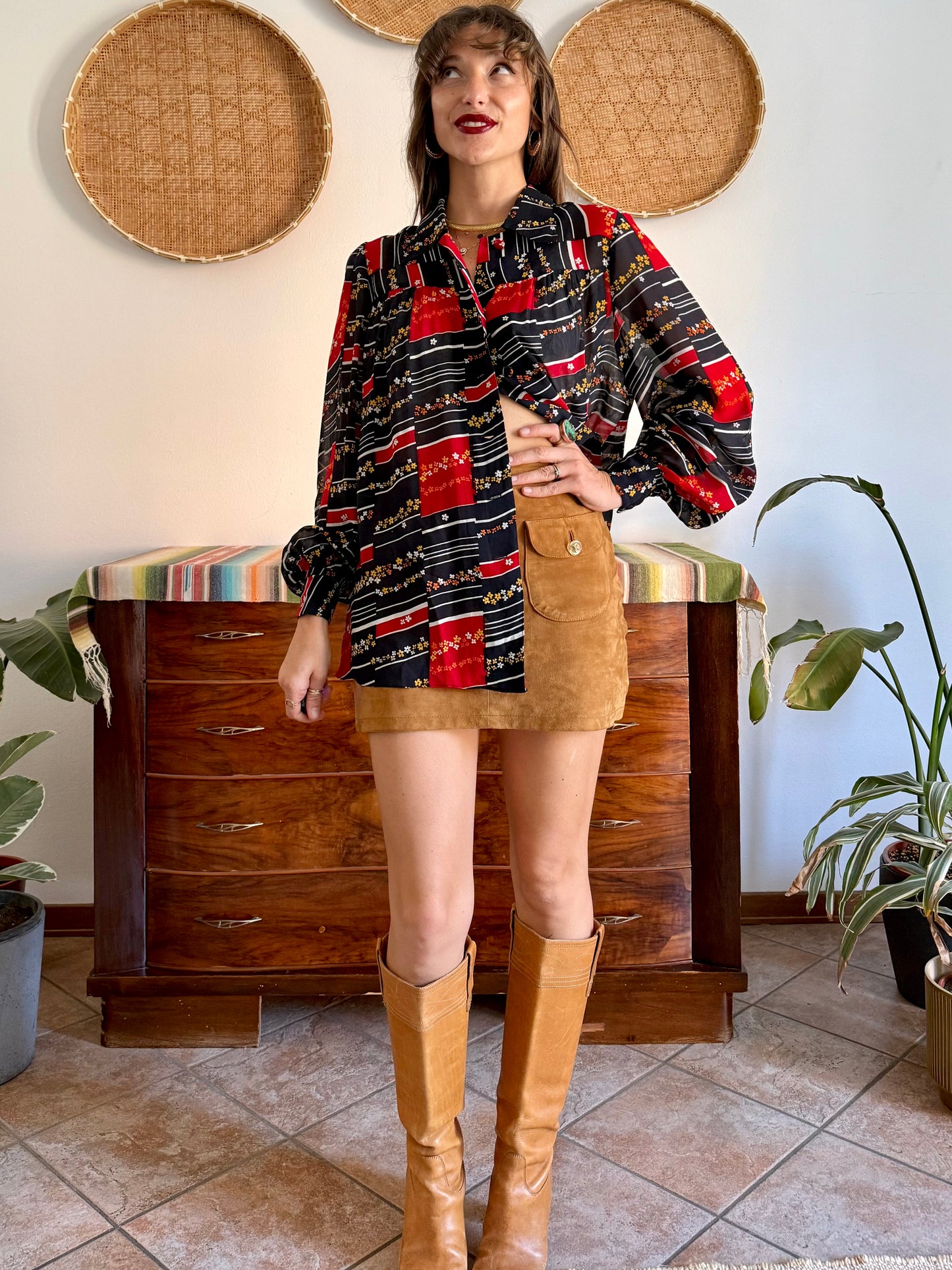 1970's vintage black, red and yellow stripe and floral print blouse