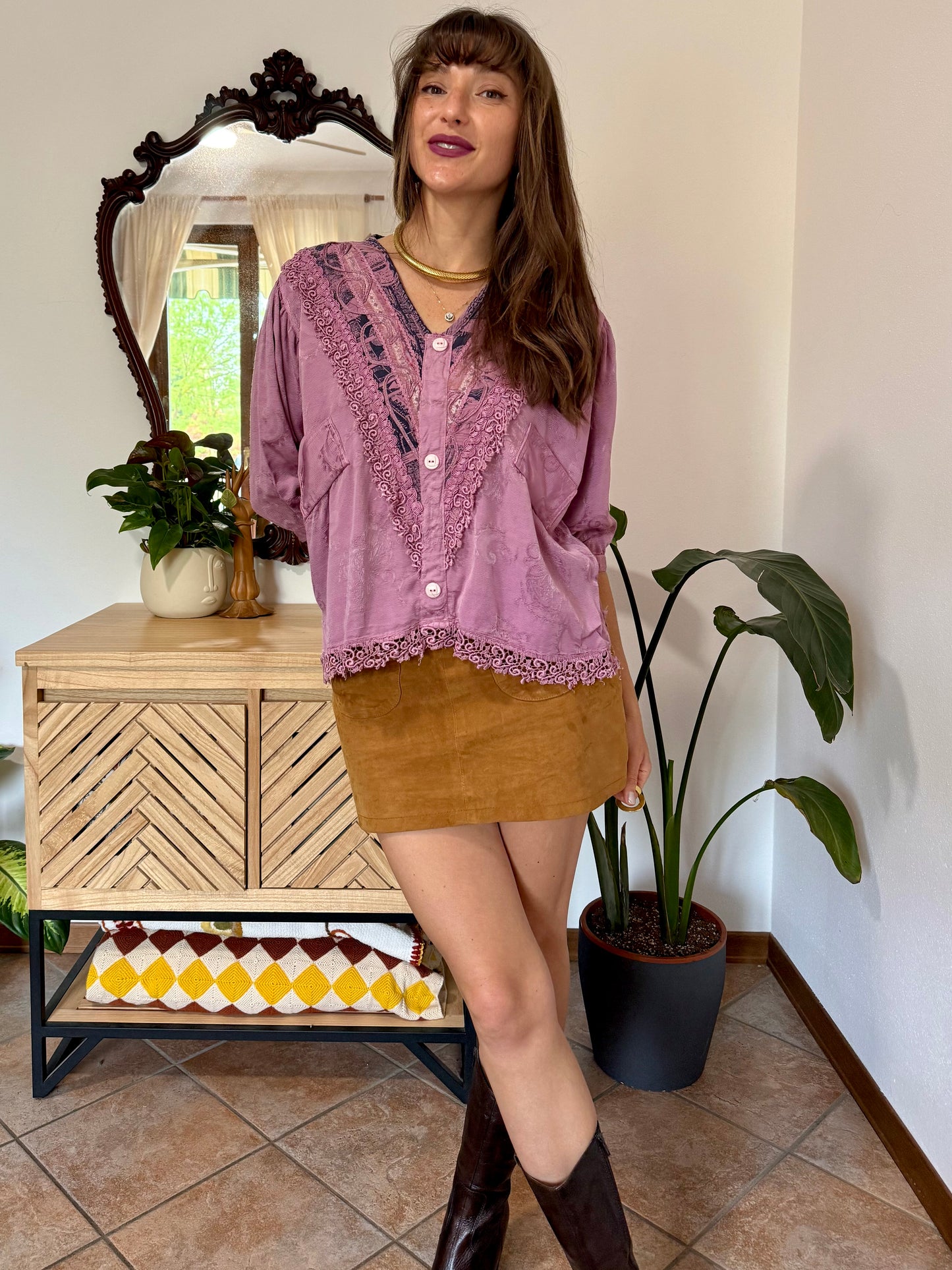 1990's vintage light purple floral brocade textured blouse with crochet lace detailing