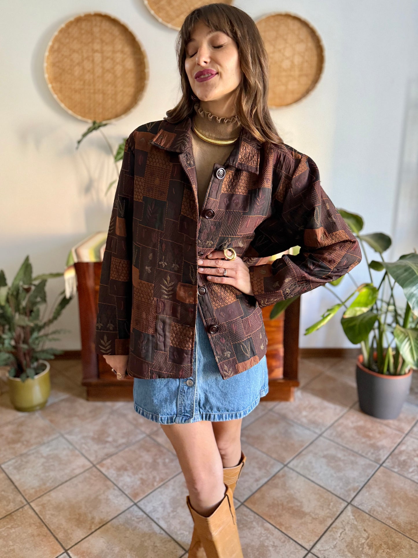 1990's vintage chocolate brown, tan and burgundy patchwork leaf motif textured jacket