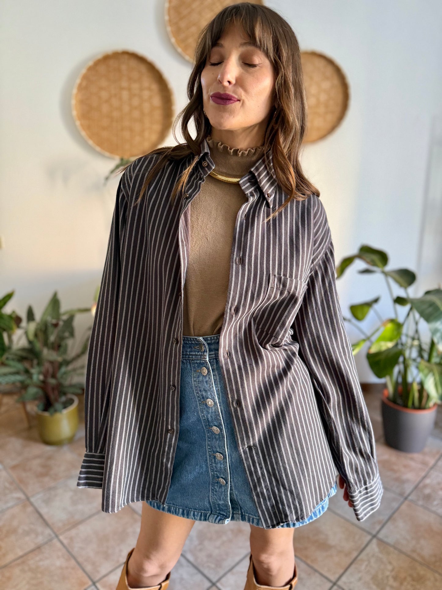 1990's vintage brown shirt with blue and tan vertical pinstriping