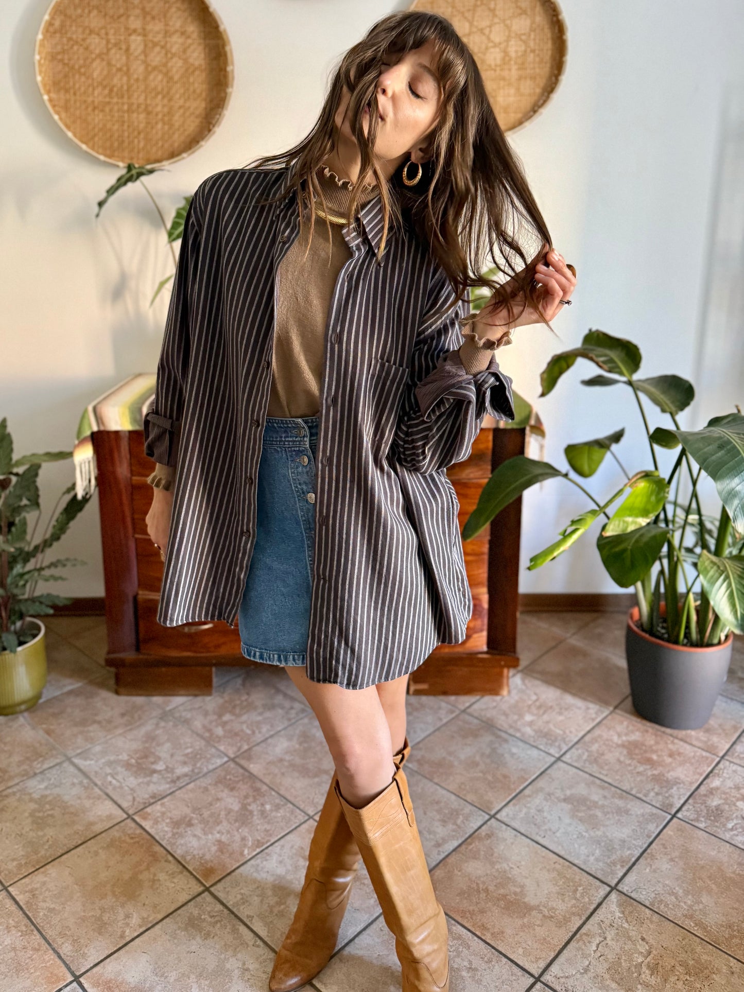 1990's vintage brown shirt with blue and tan vertical pinstriping