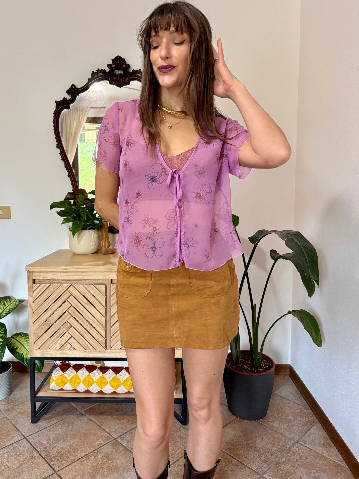 Y2k vintage pink sheer top with floral print
