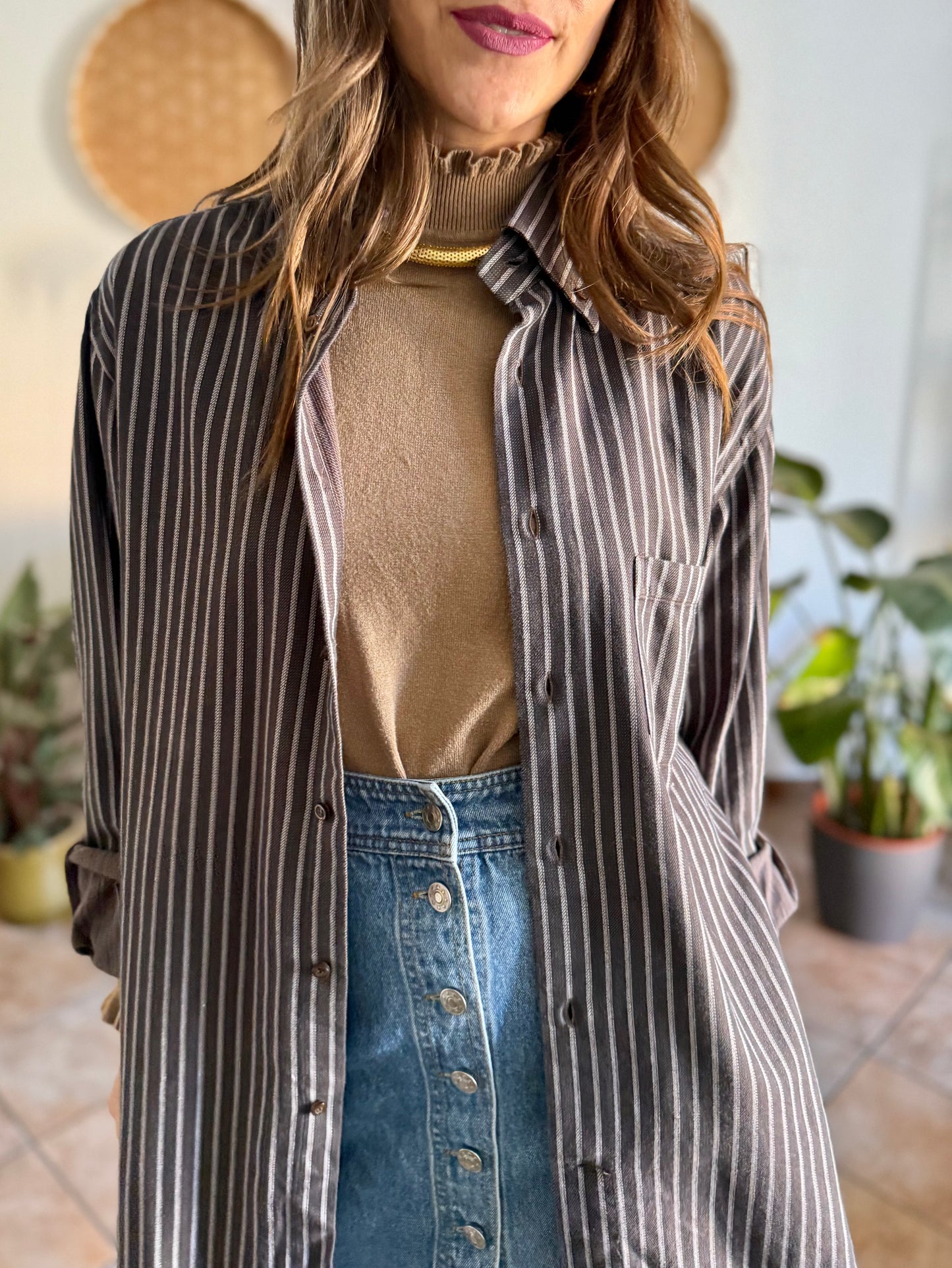 1990's vintage brown shirt with blue and tan vertical pinstriping