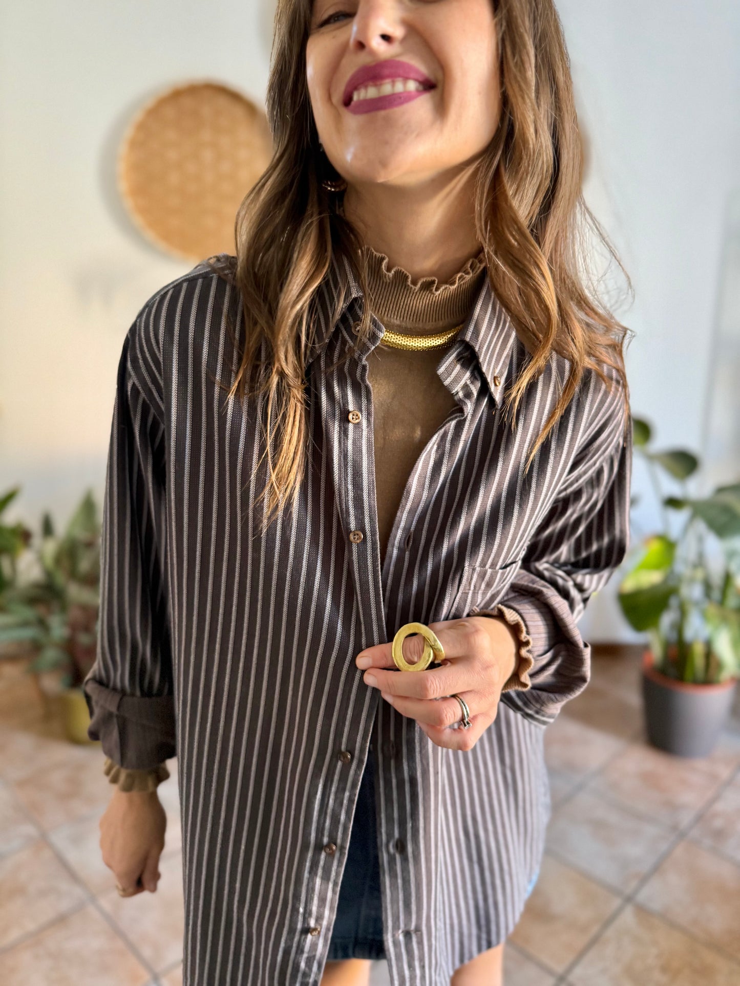 1990's vintage brown shirt with blue and tan vertical pinstriping