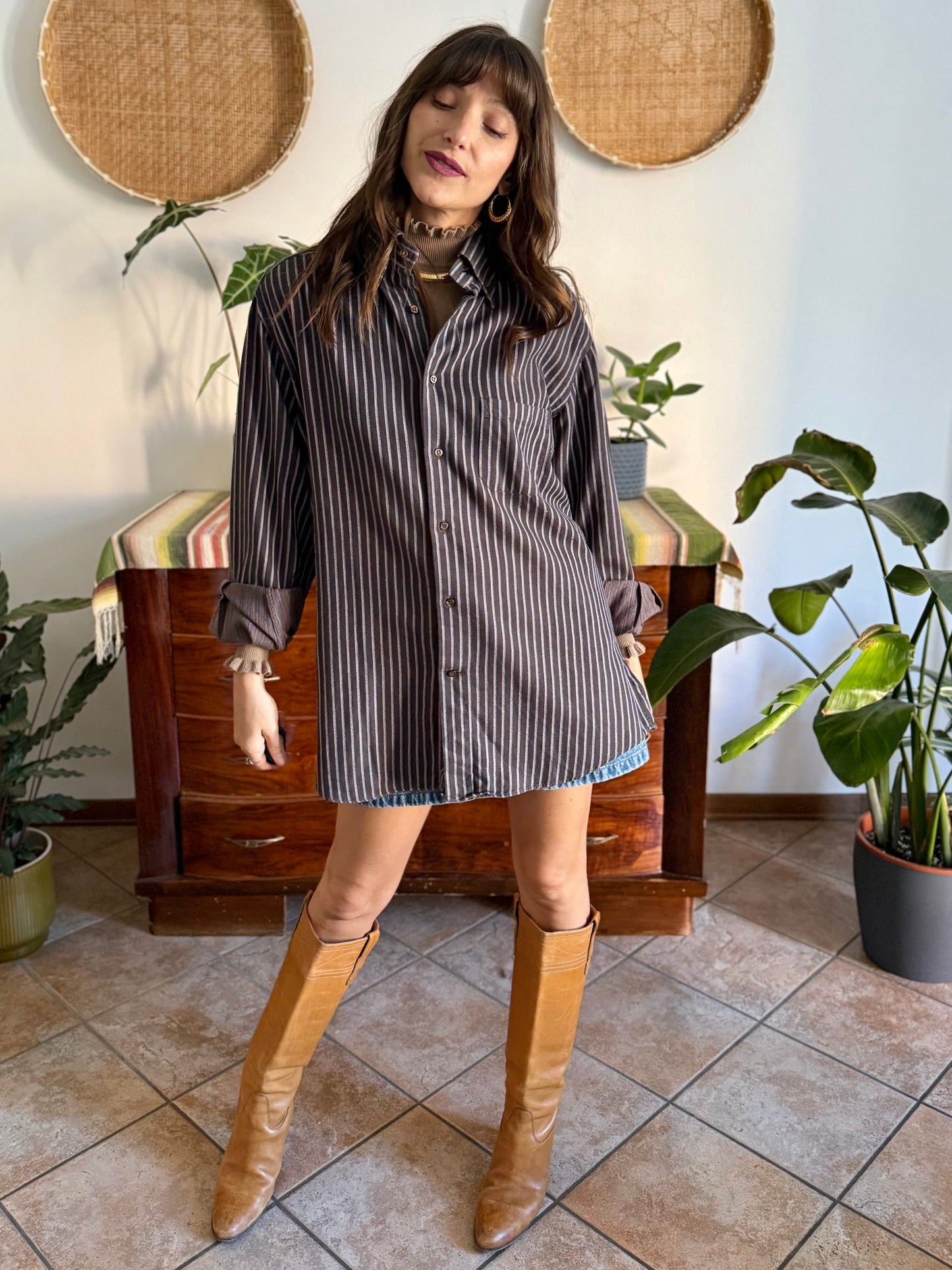 1990's vintage brown shirt with blue and tan vertical pinstriping