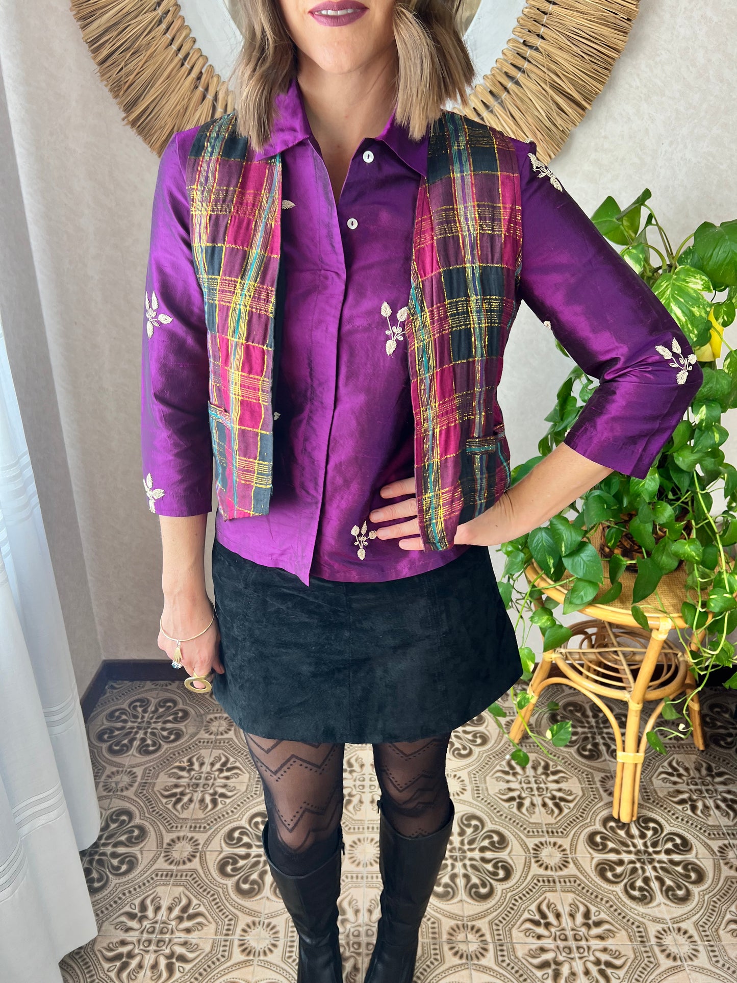 1970's vintage purple and gold plaid vest