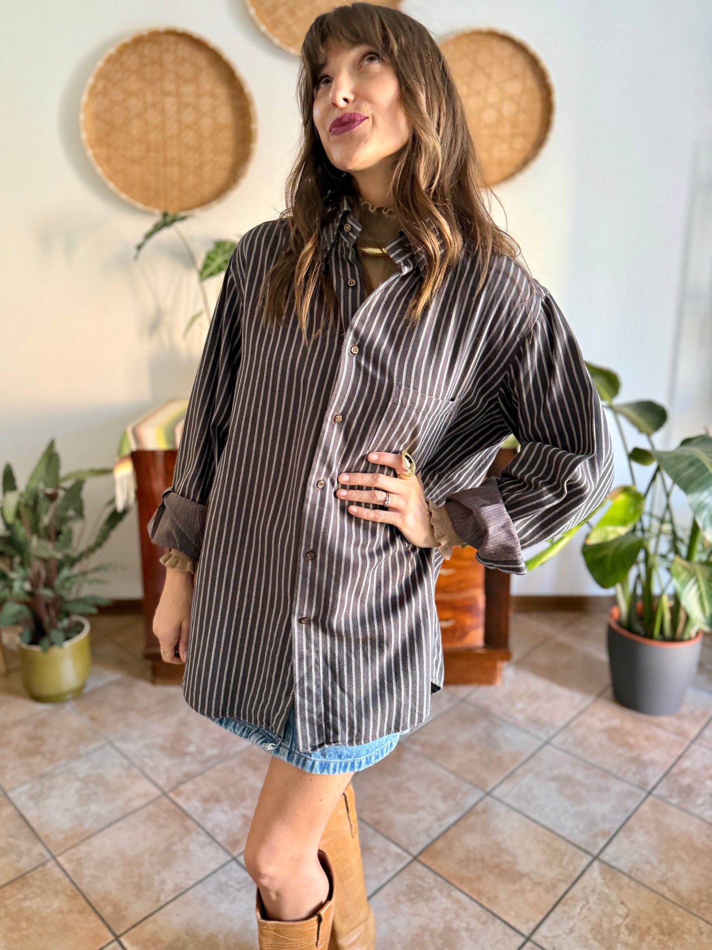 1990's vintage brown shirt with blue and tan vertical pinstriping
