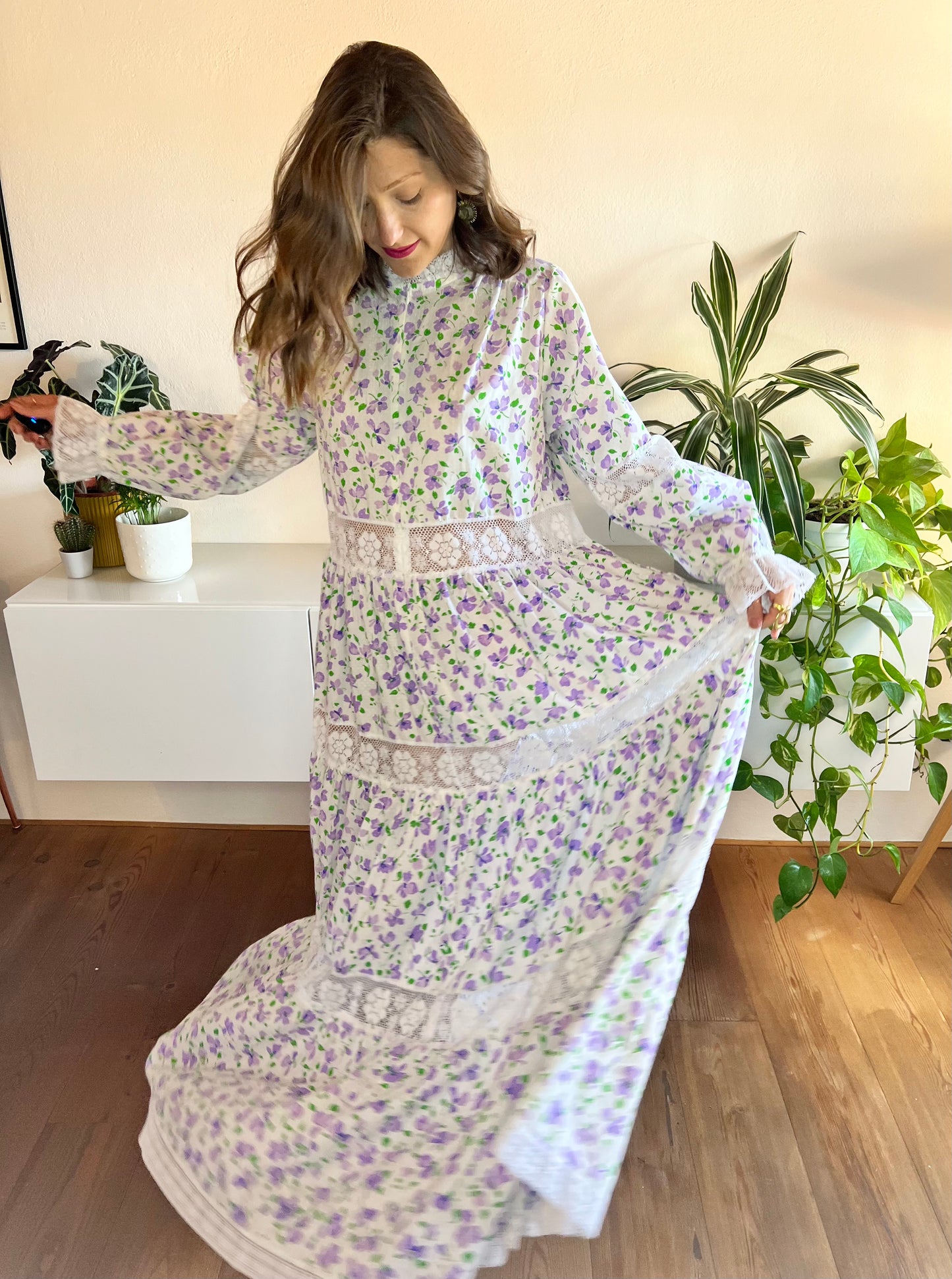 1970's vintage white prairie maxi dress with lavender floral print