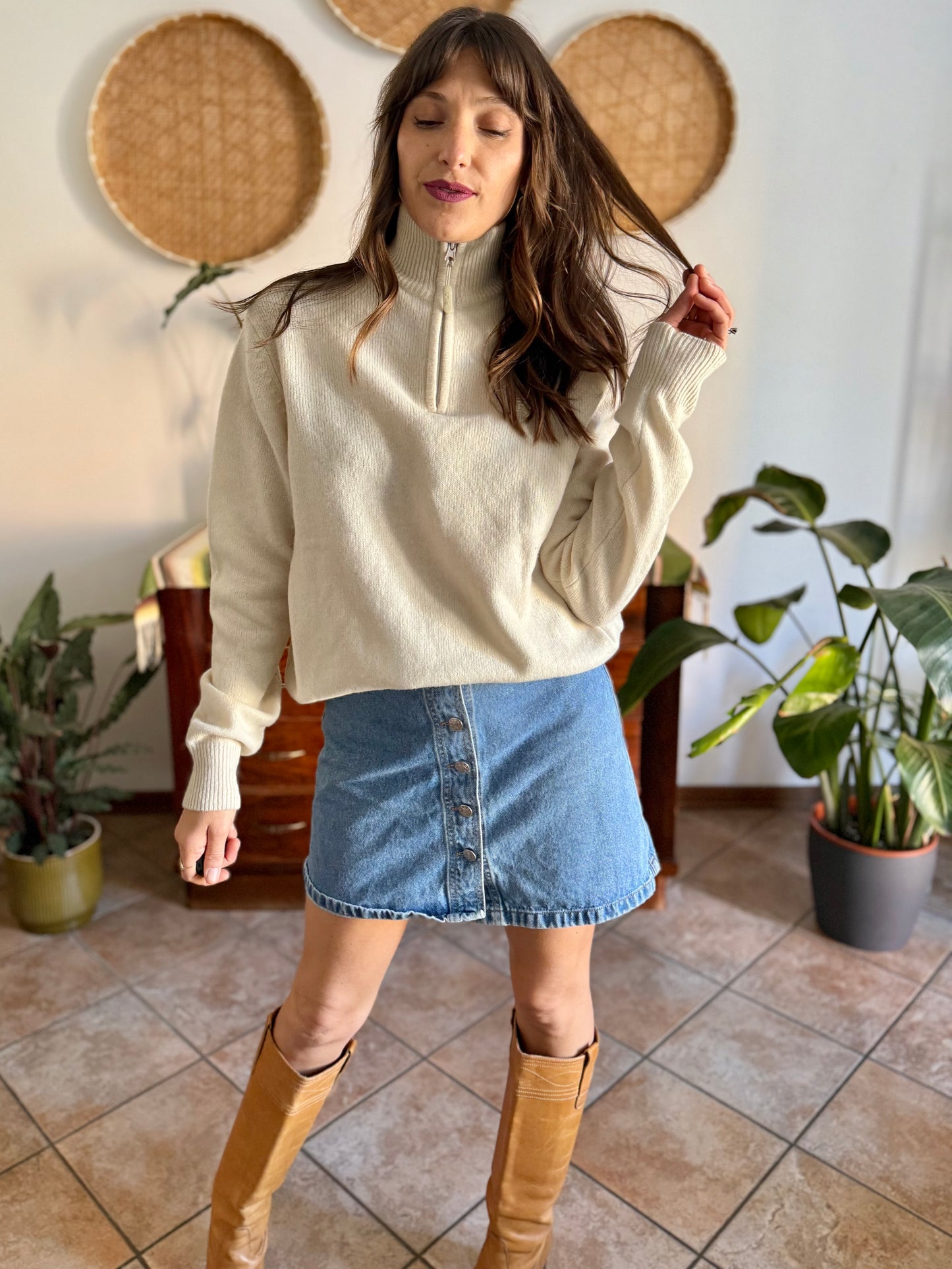 1990's vintage cream wool zip up neck Fila pullover