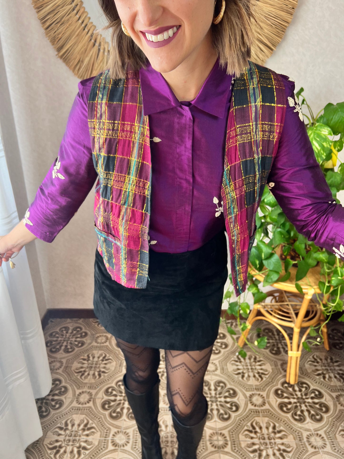 1970's vintage purple and gold plaid vest