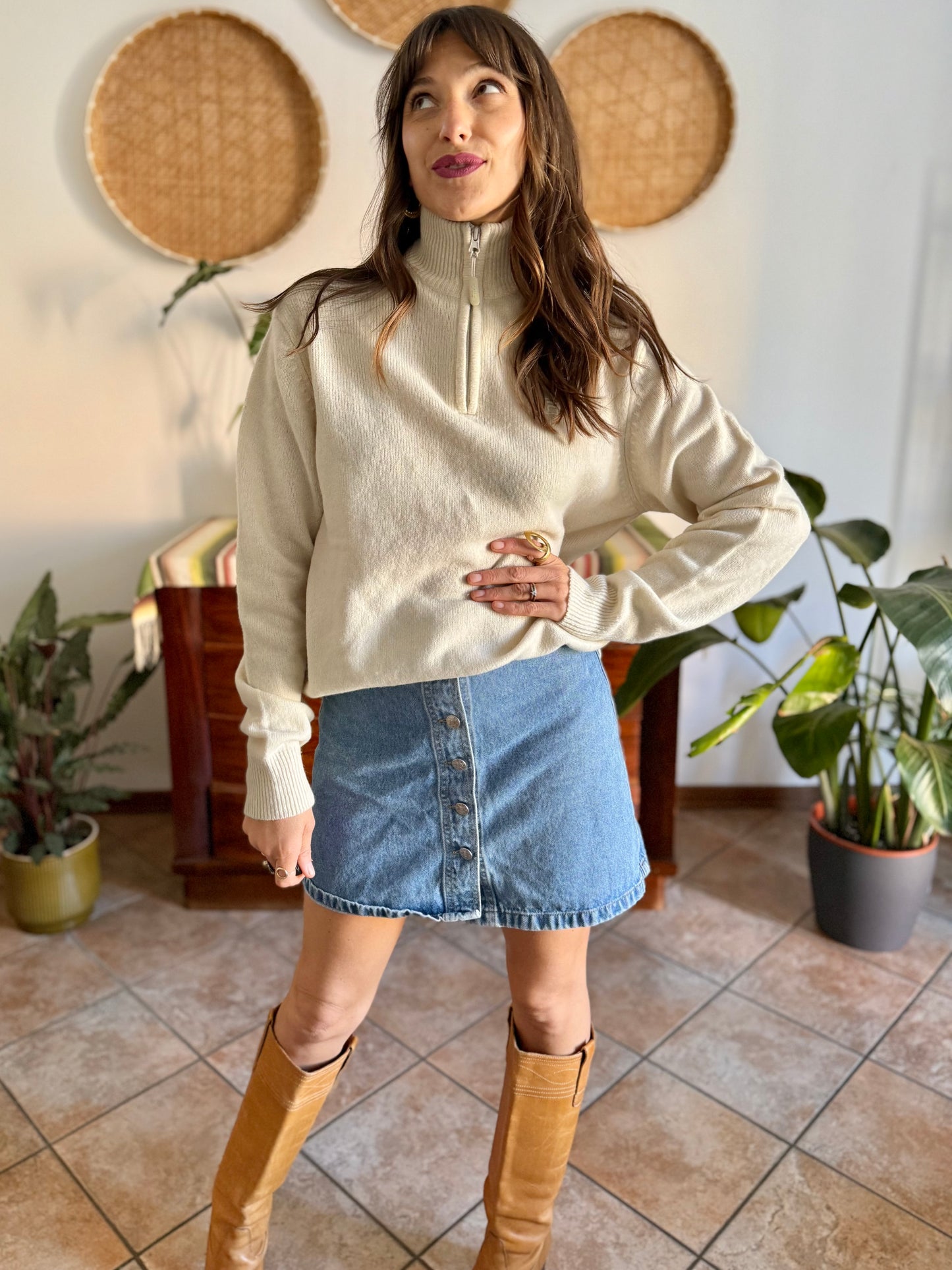 1990's vintage cream wool zip up neck Fila pullover