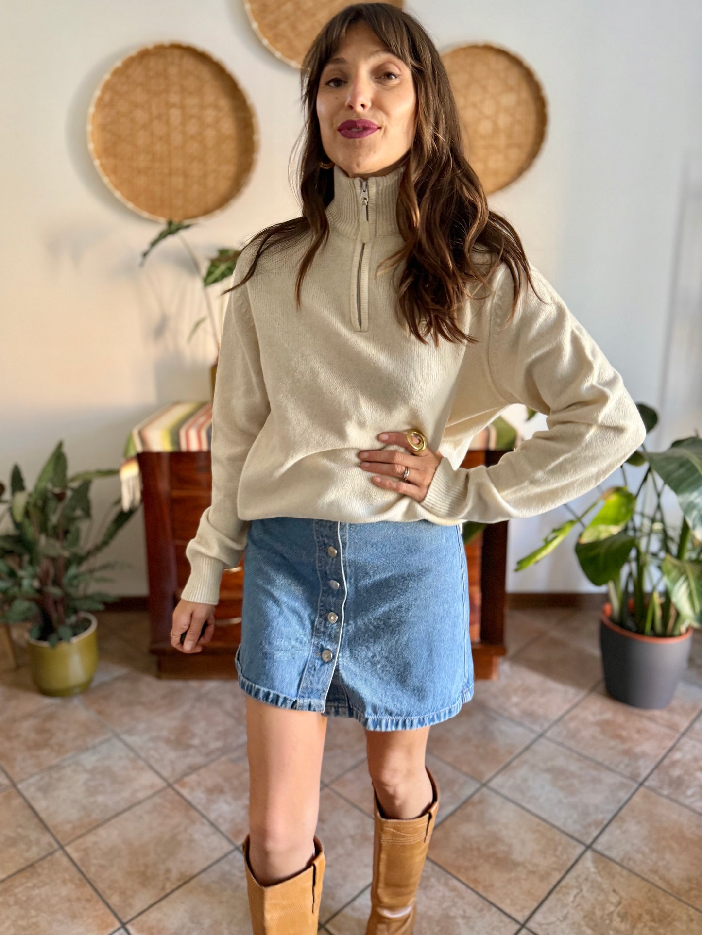 1990's vintage cream wool zip up neck Fila pullover