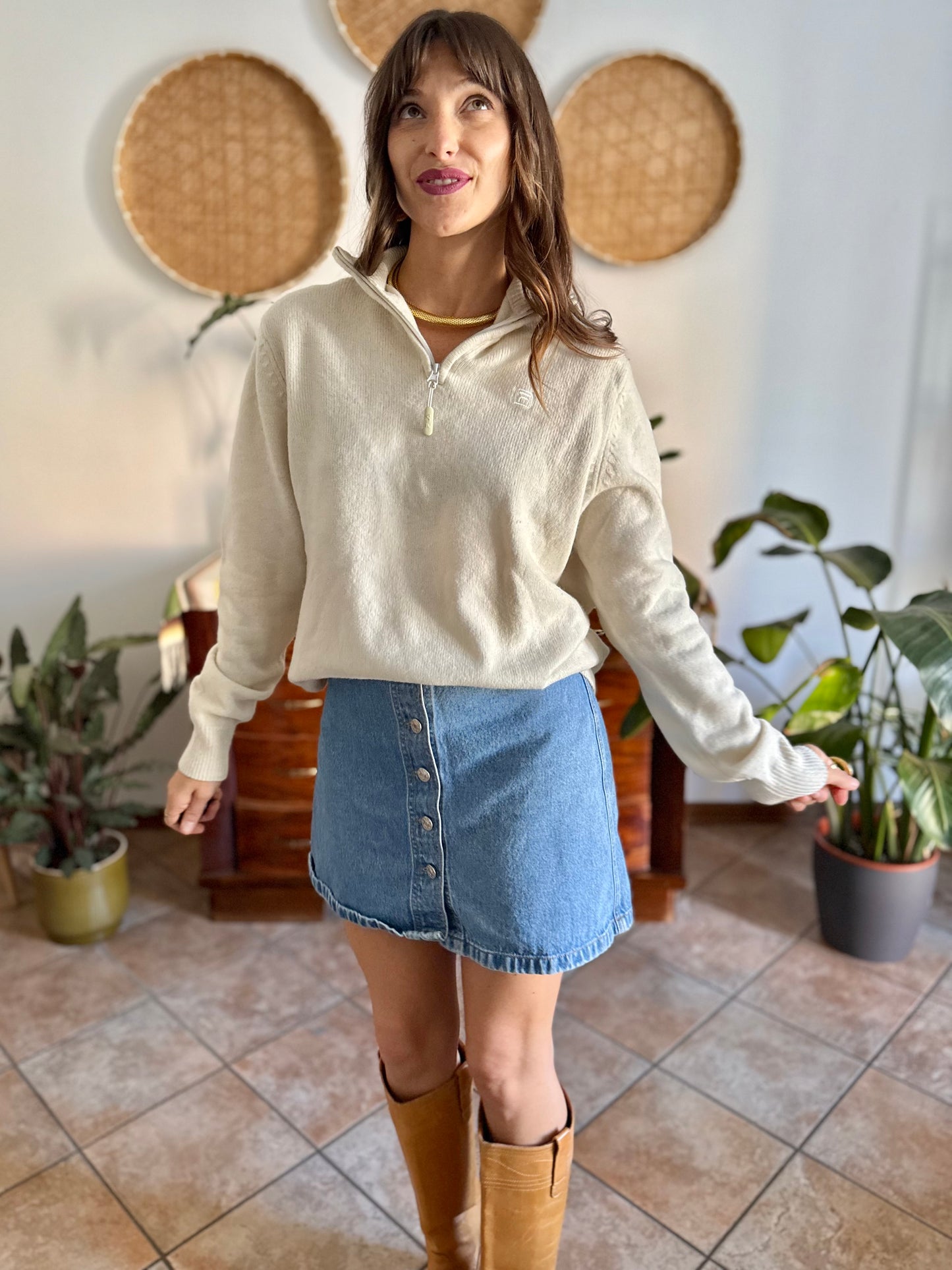 1990's vintage cream wool zip up neck Fila pullover
