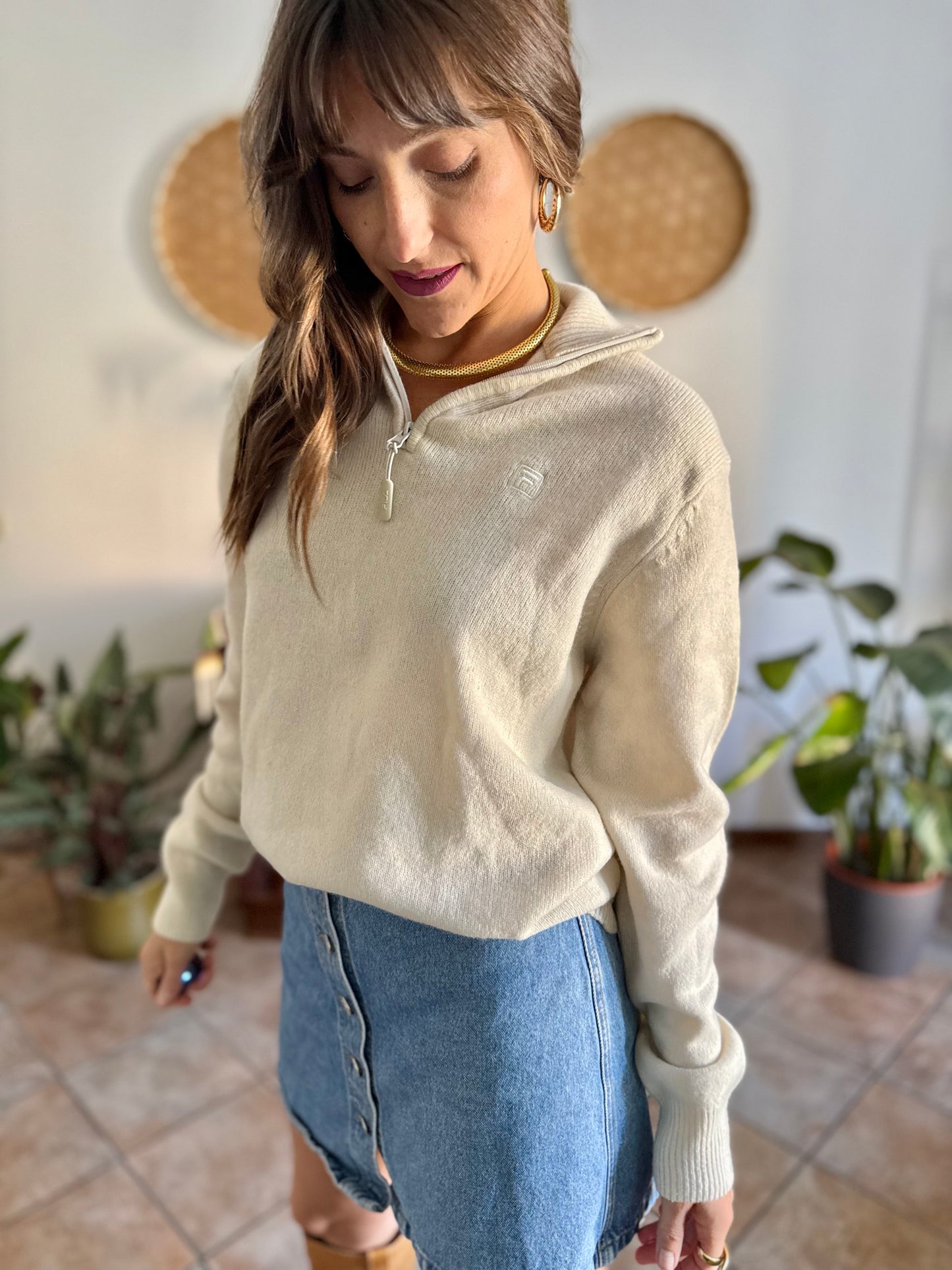 1990's vintage cream wool zip up neck Fila pullover