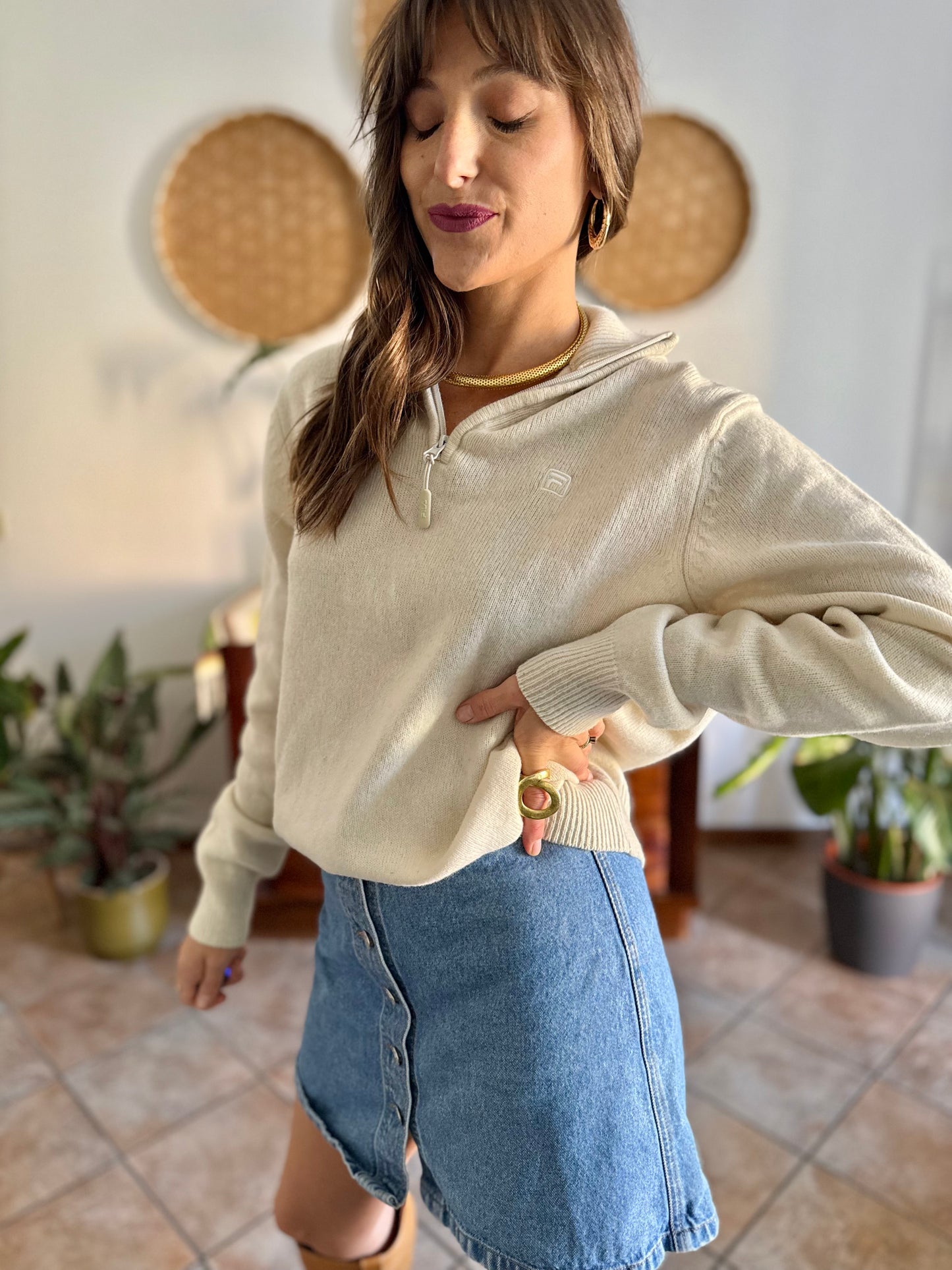 1990's vintage cream wool zip up neck Fila pullover