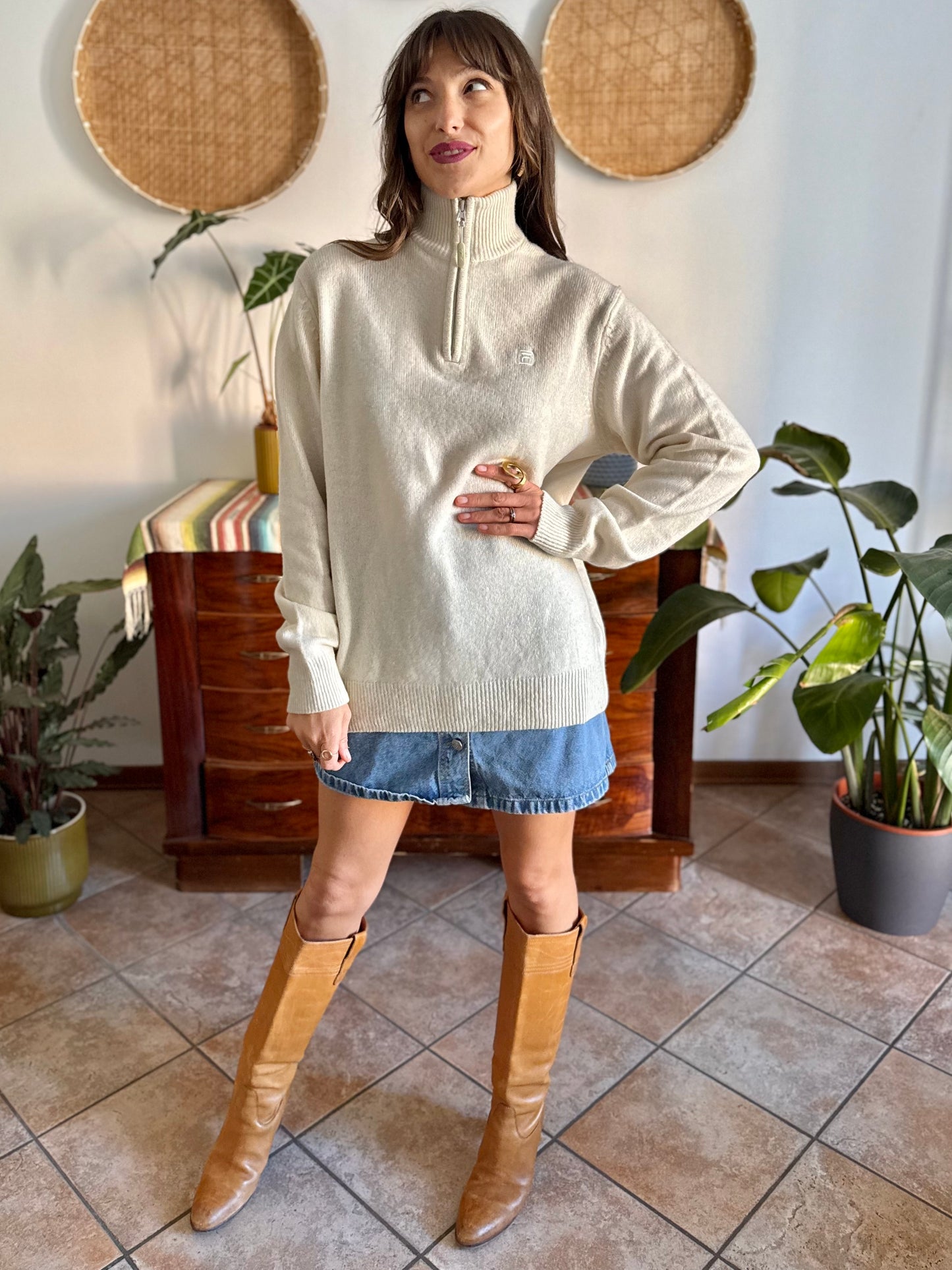 1990's vintage cream wool zip up neck Fila pullover