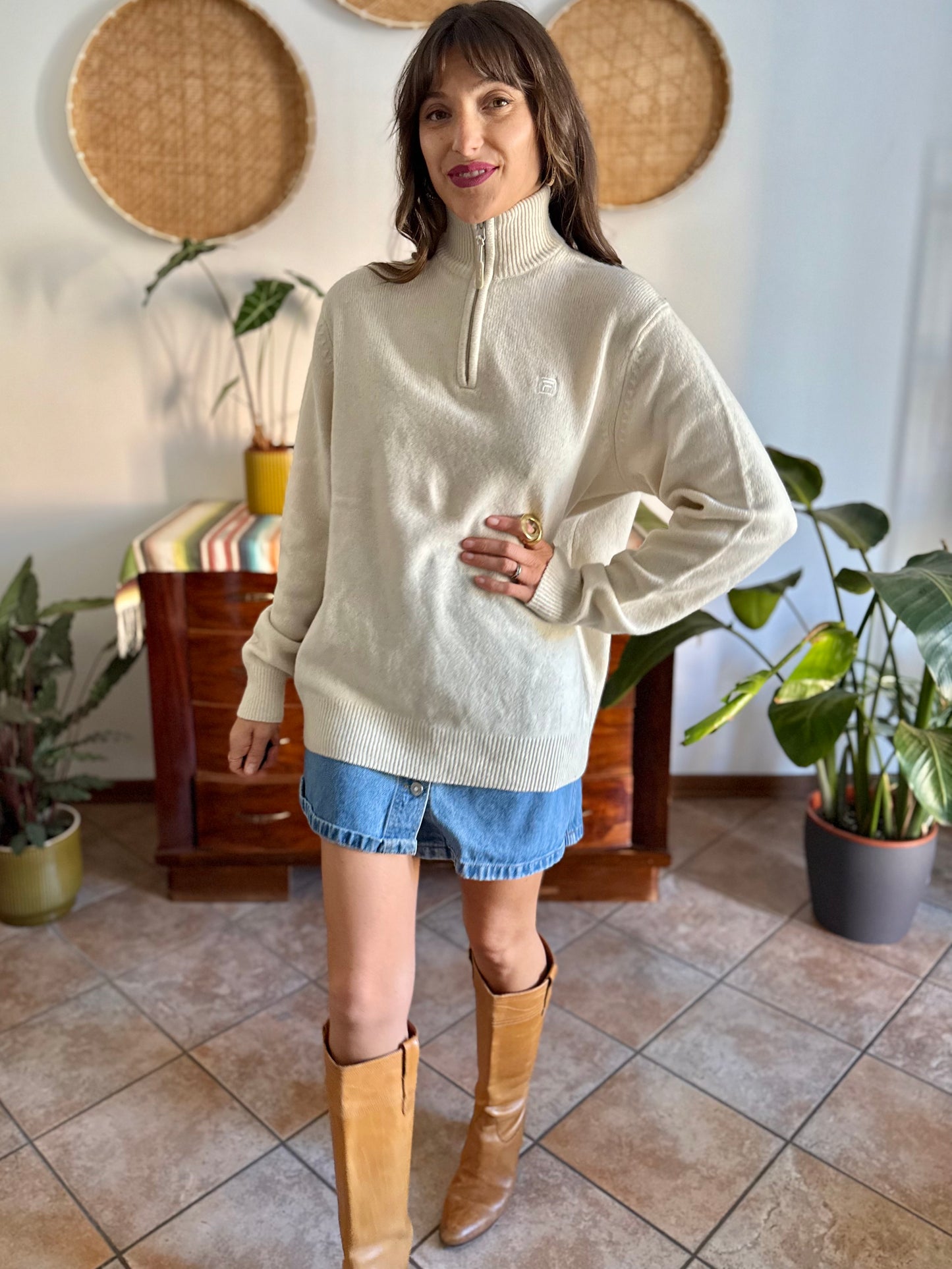 1990's vintage cream wool zip up neck Fila pullover