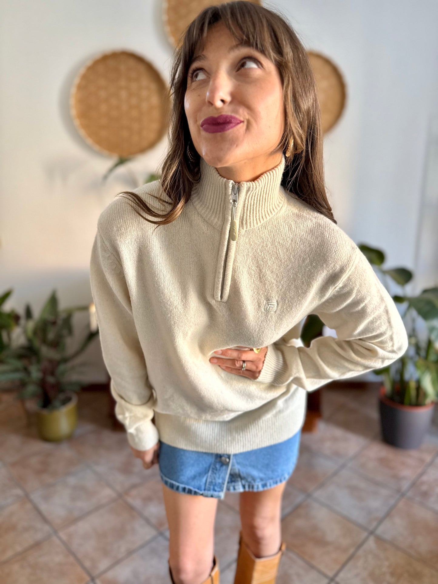 1990's vintage cream wool zip up neck Fila pullover
