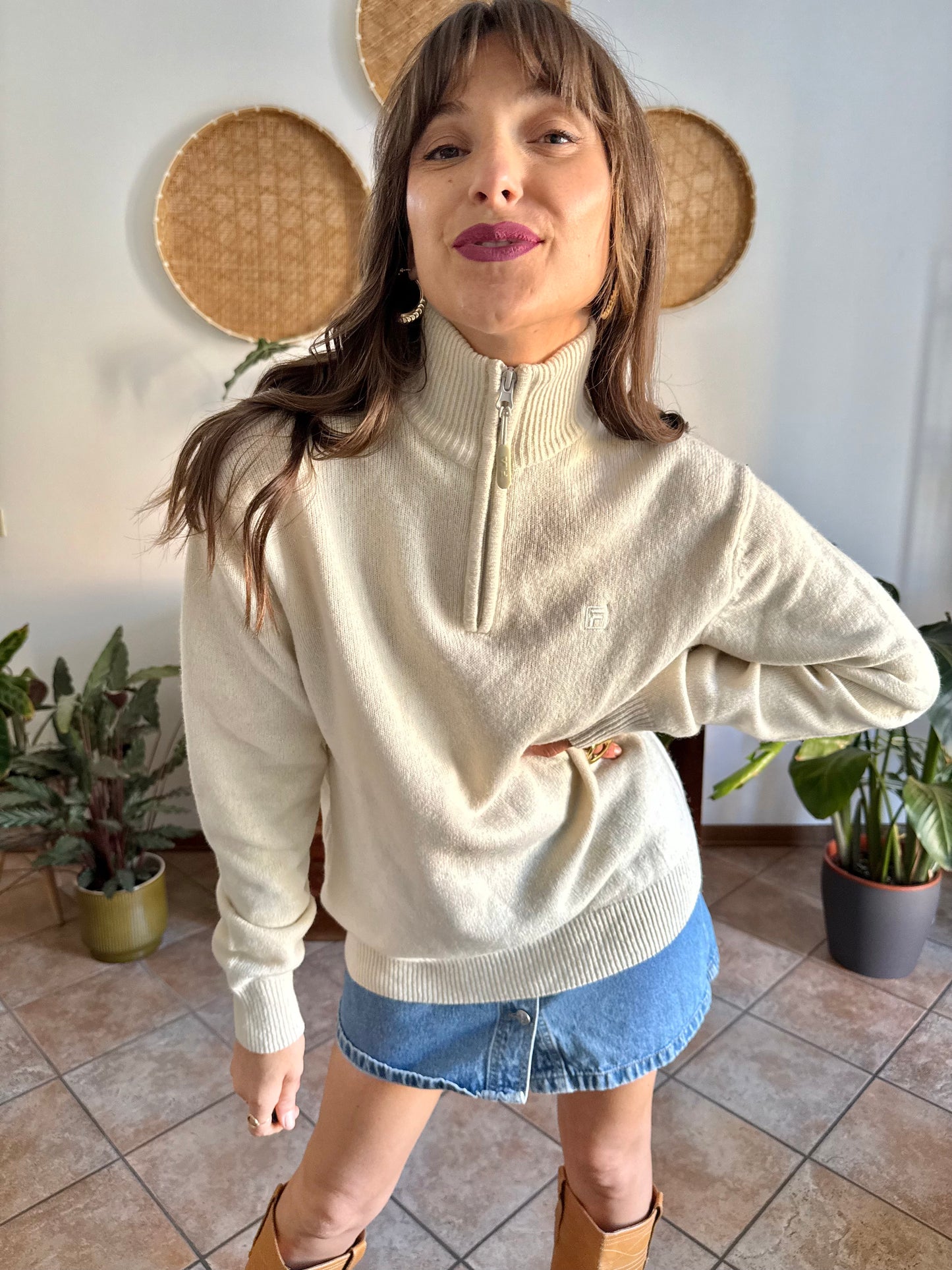 1990's vintage cream wool zip up neck Fila pullover