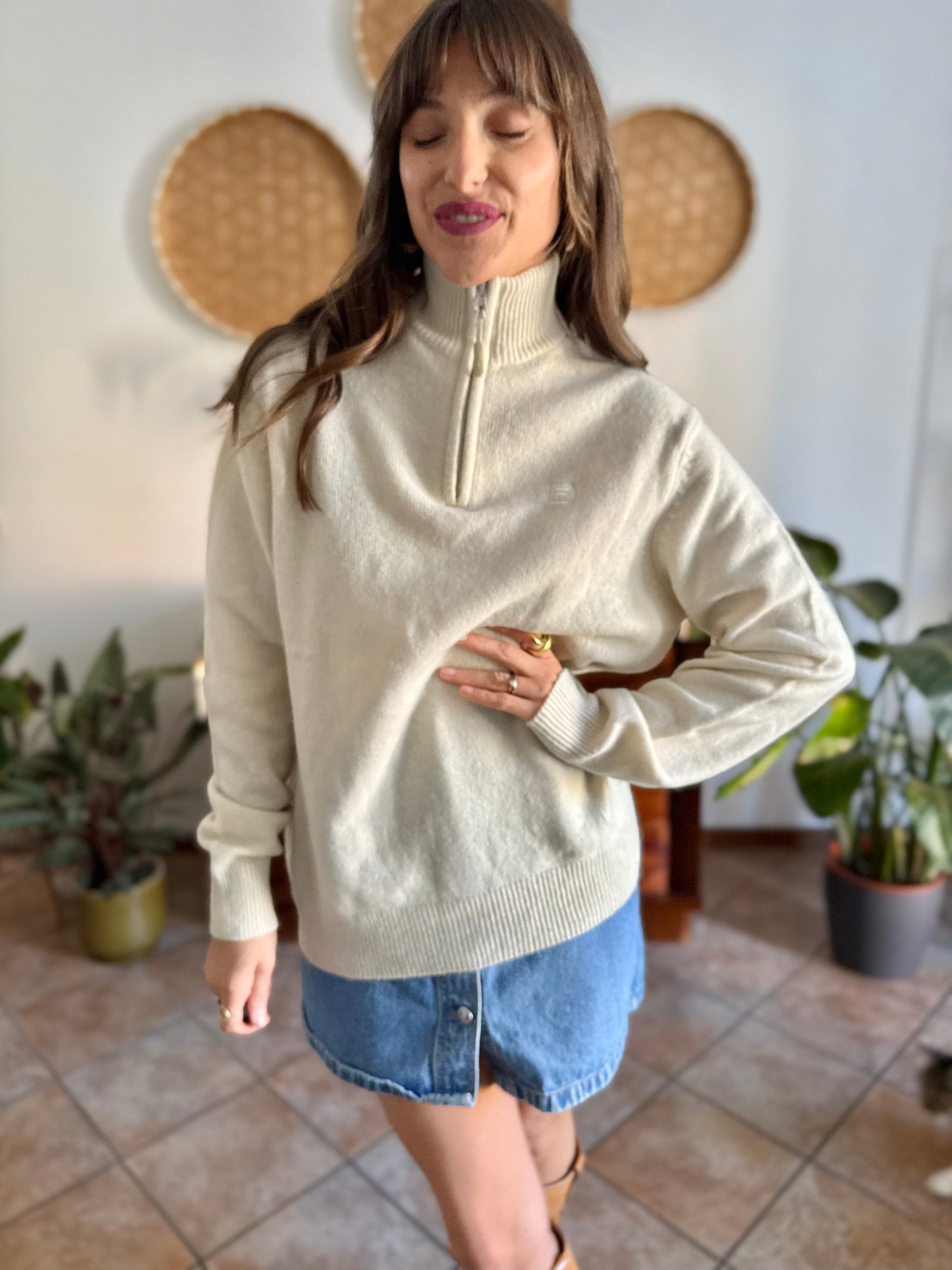 1990's vintage cream wool zip up neck Fila pullover