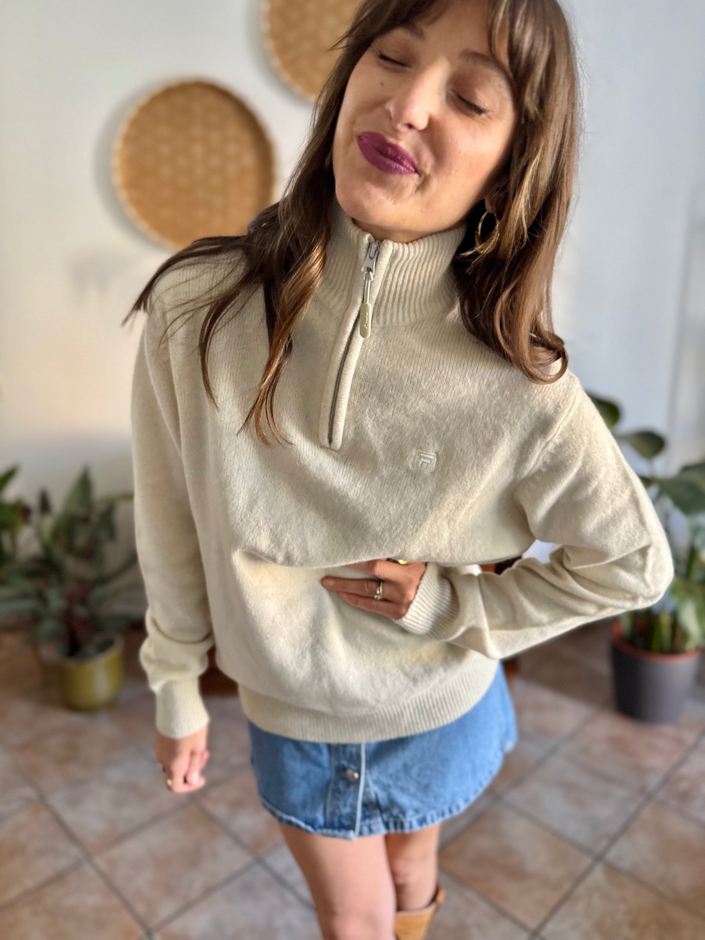 1990's vintage cream wool zip up neck Fila pullover