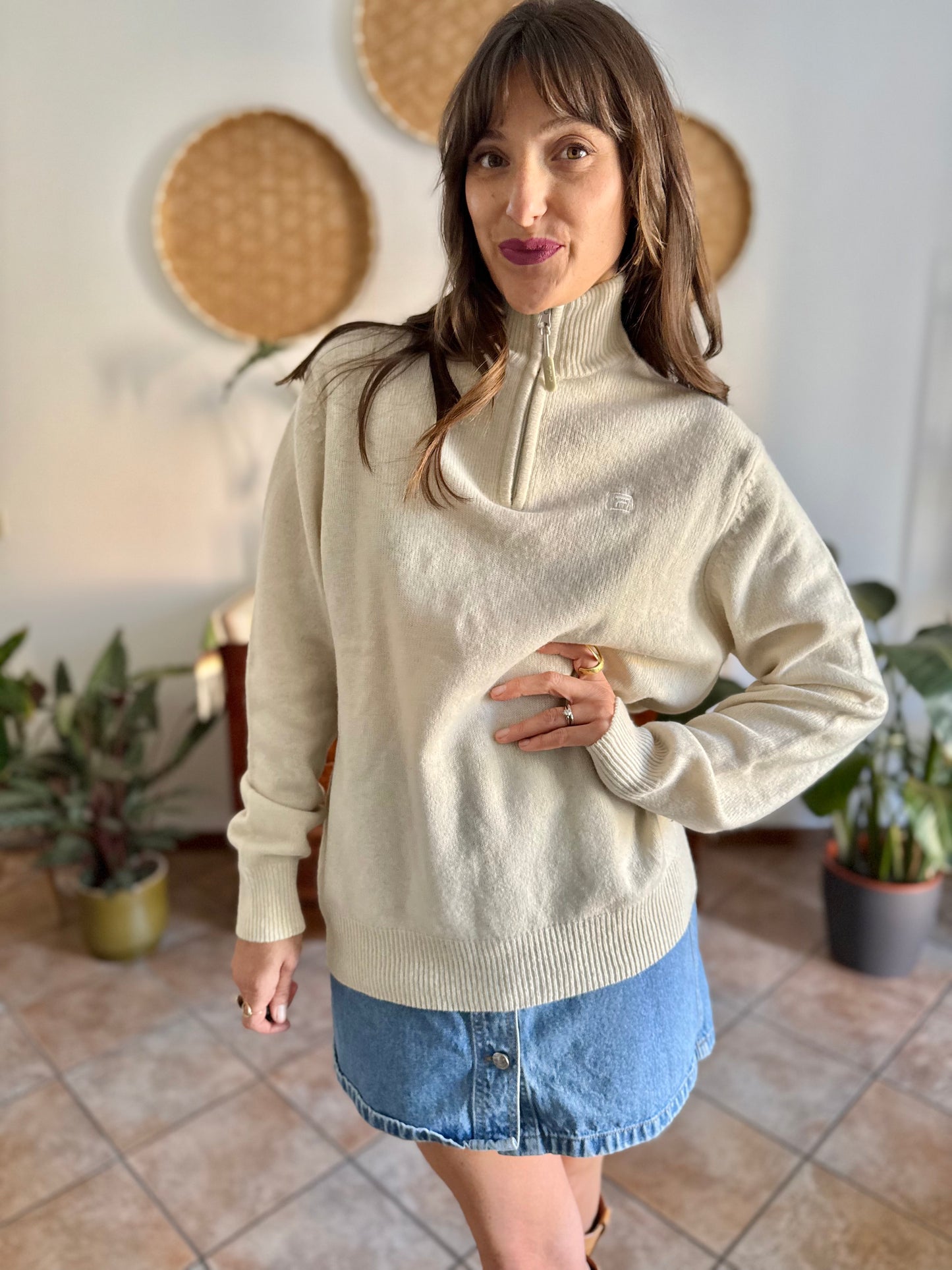 1990's vintage cream wool zip up neck Fila pullover