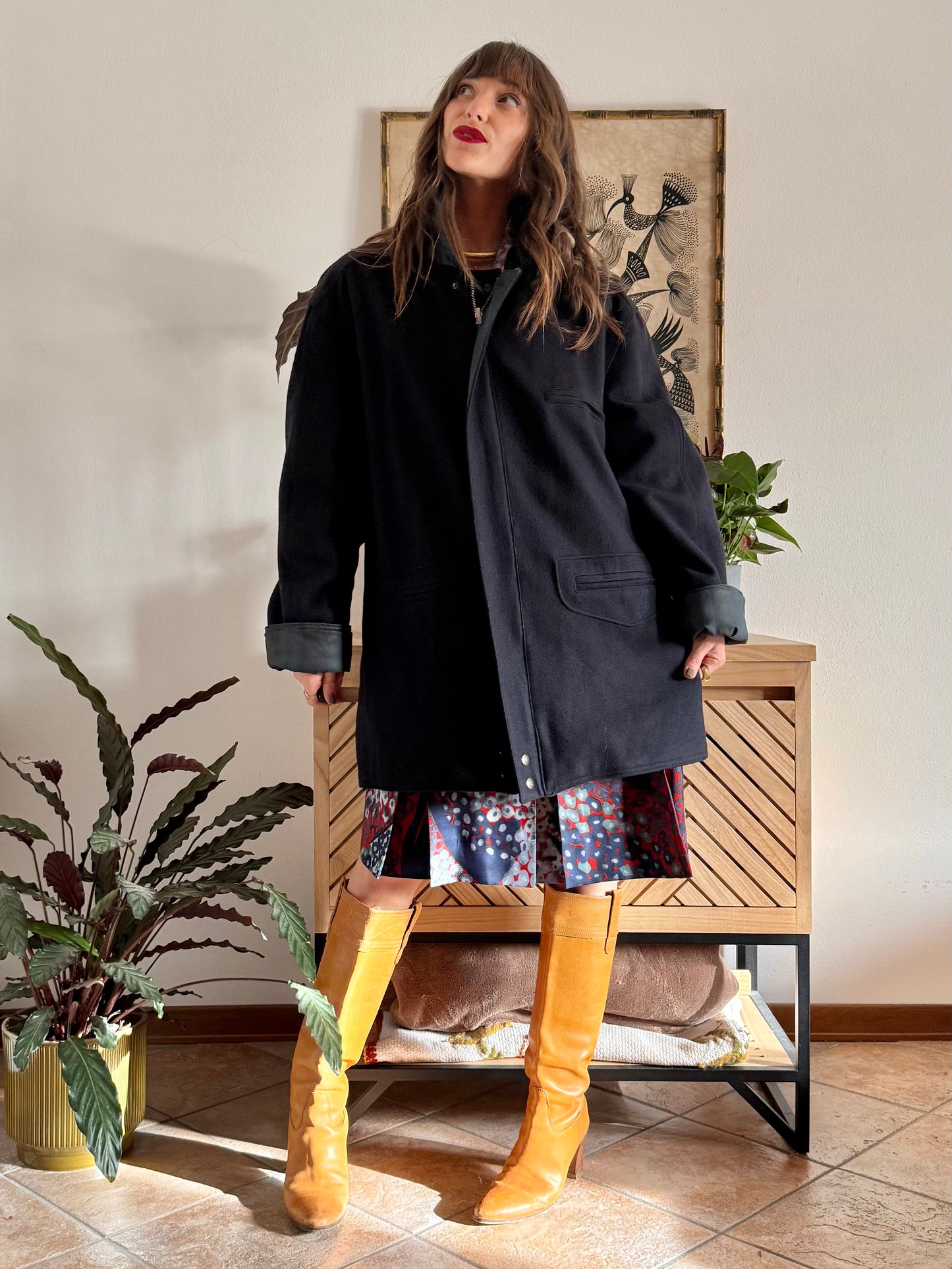 1990's vintage navy blue wool coat with dark green and navy plaid lining