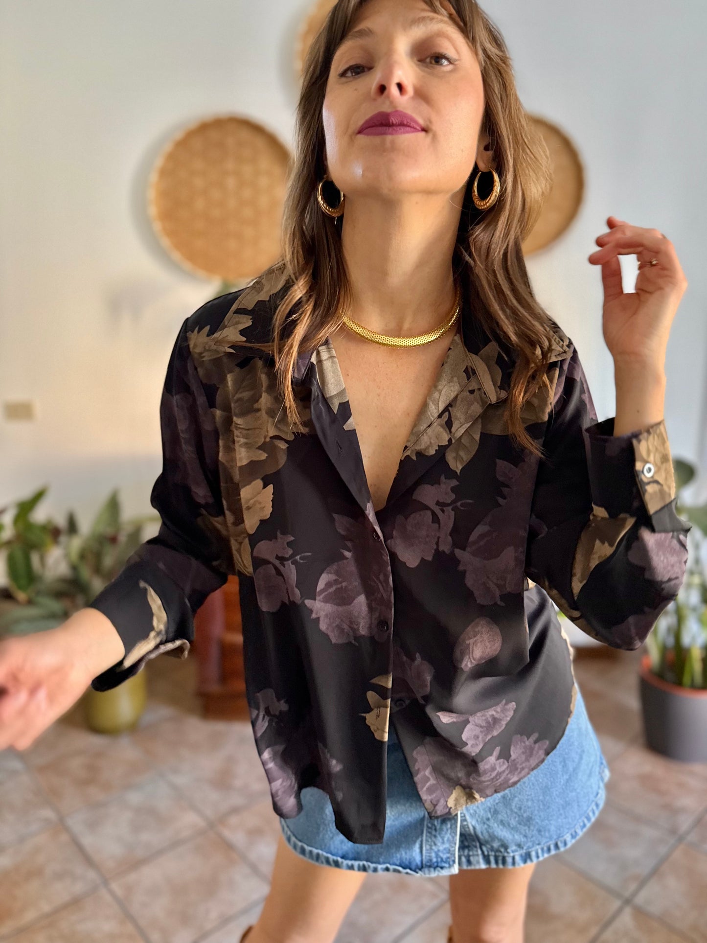 1990's vintage black blouse with purple and beige floral print