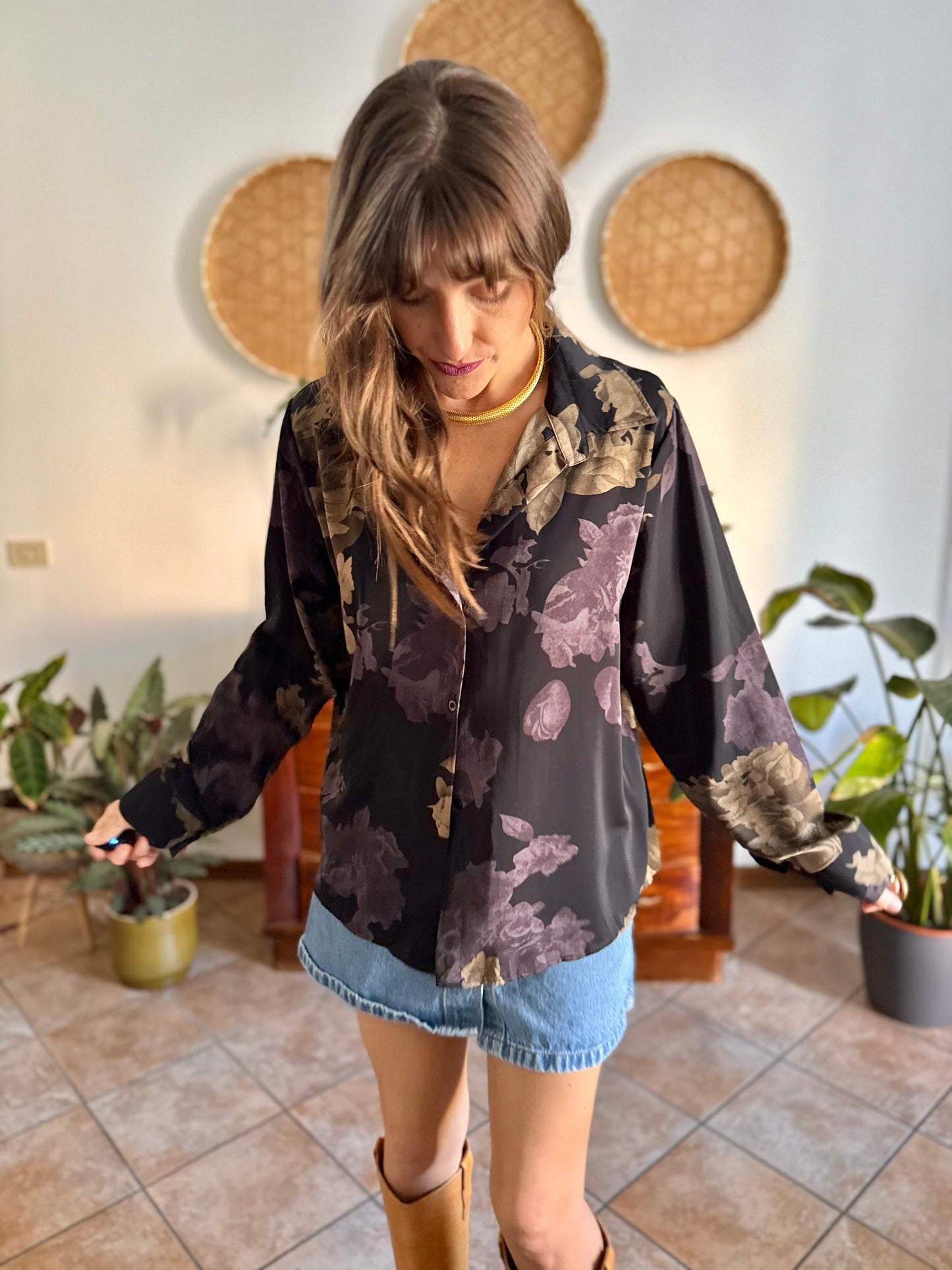 1990's vintage black blouse with purple and beige floral print