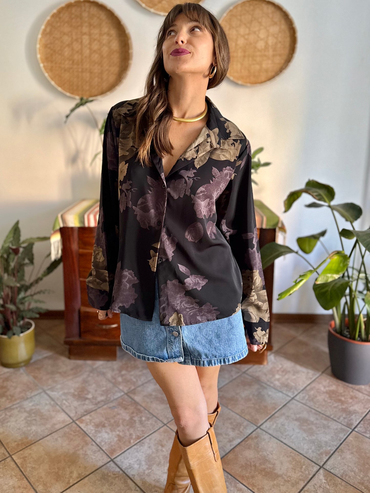 1990's vintage black blouse with purple and beige floral print