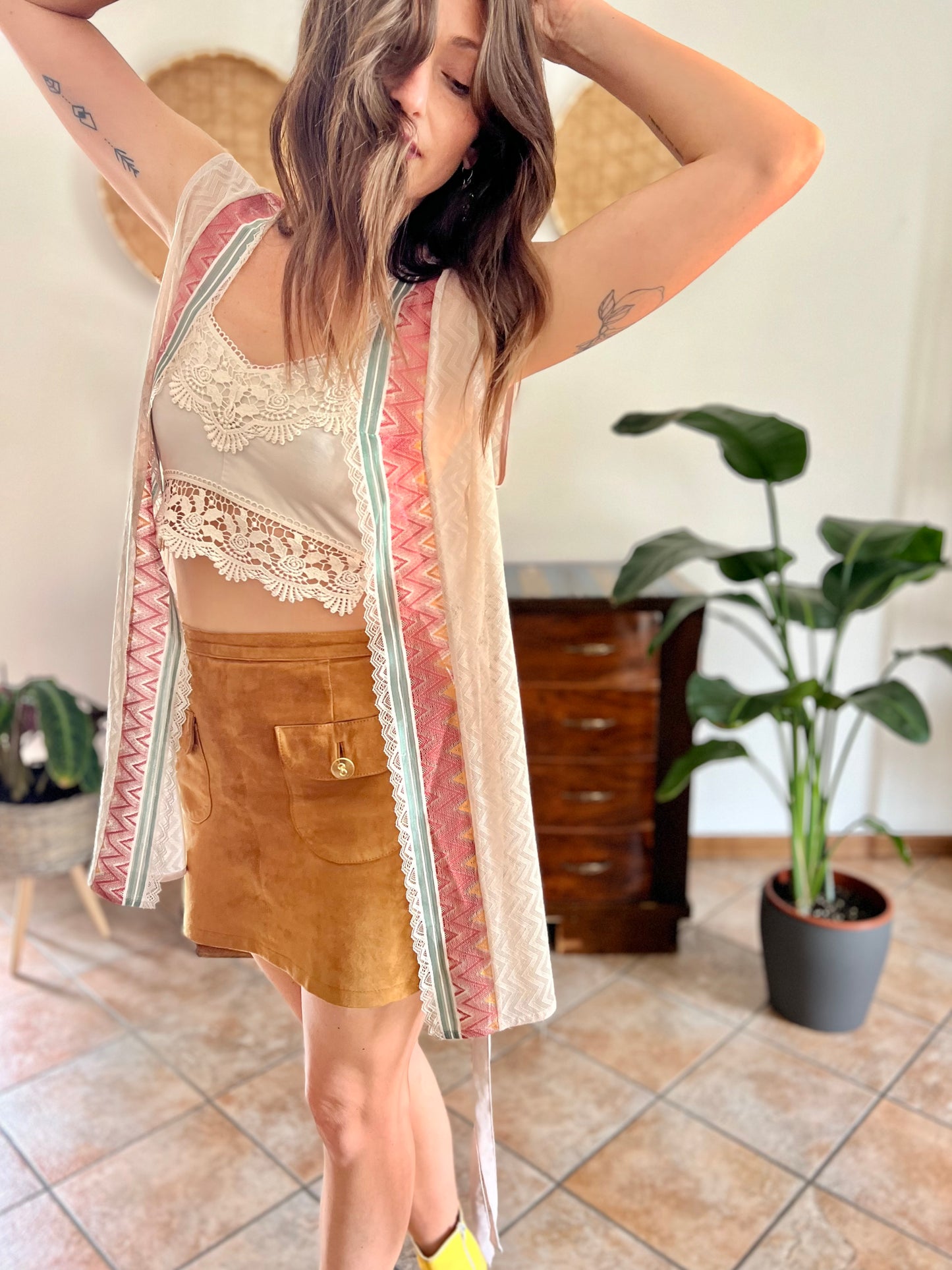 y2k vintage beige sheer chevron lace top with pink, blue and copper detailing