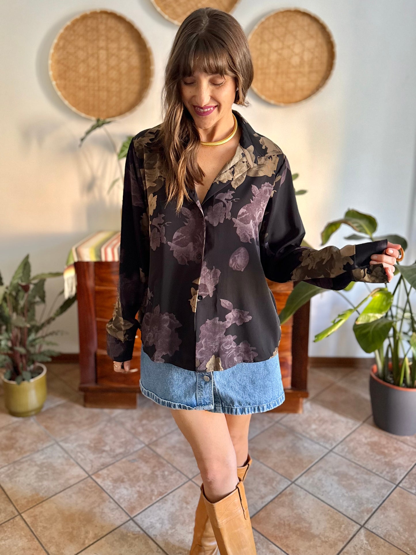 1990's vintage black blouse with purple and beige floral print