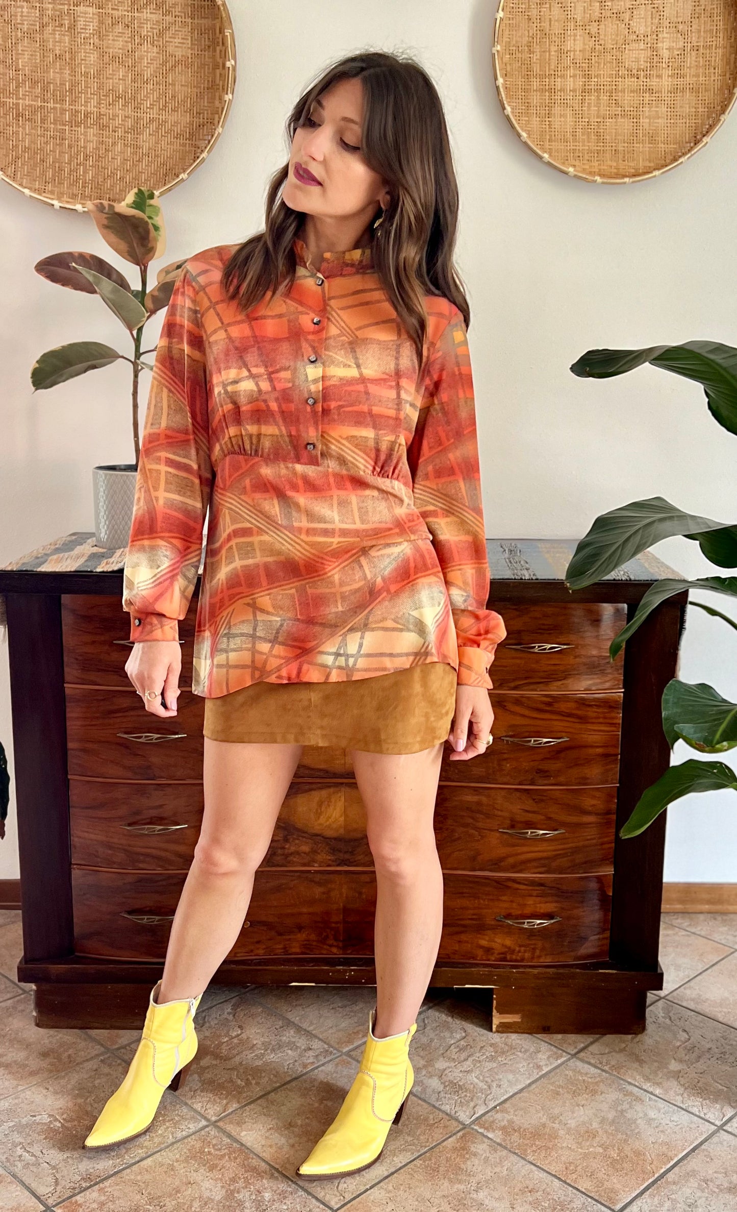 1970's vintage silk peach, grey and yellow abstract geometric print blouse