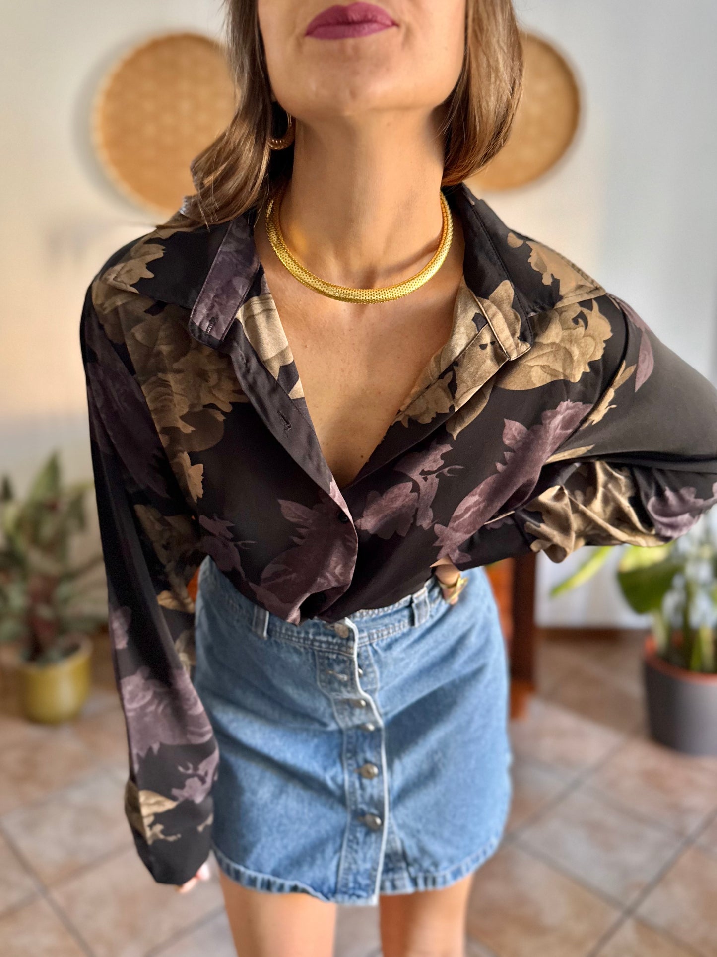 1990's vintage black blouse with purple and beige floral print