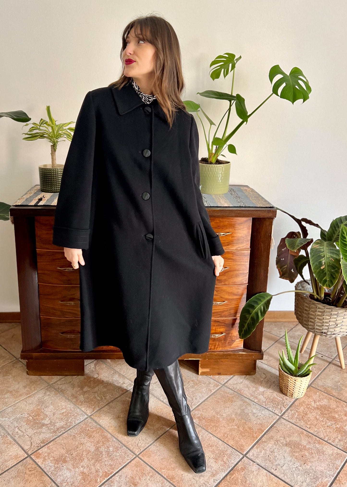 1960's vintage black wool overcoat with oversize black buttons