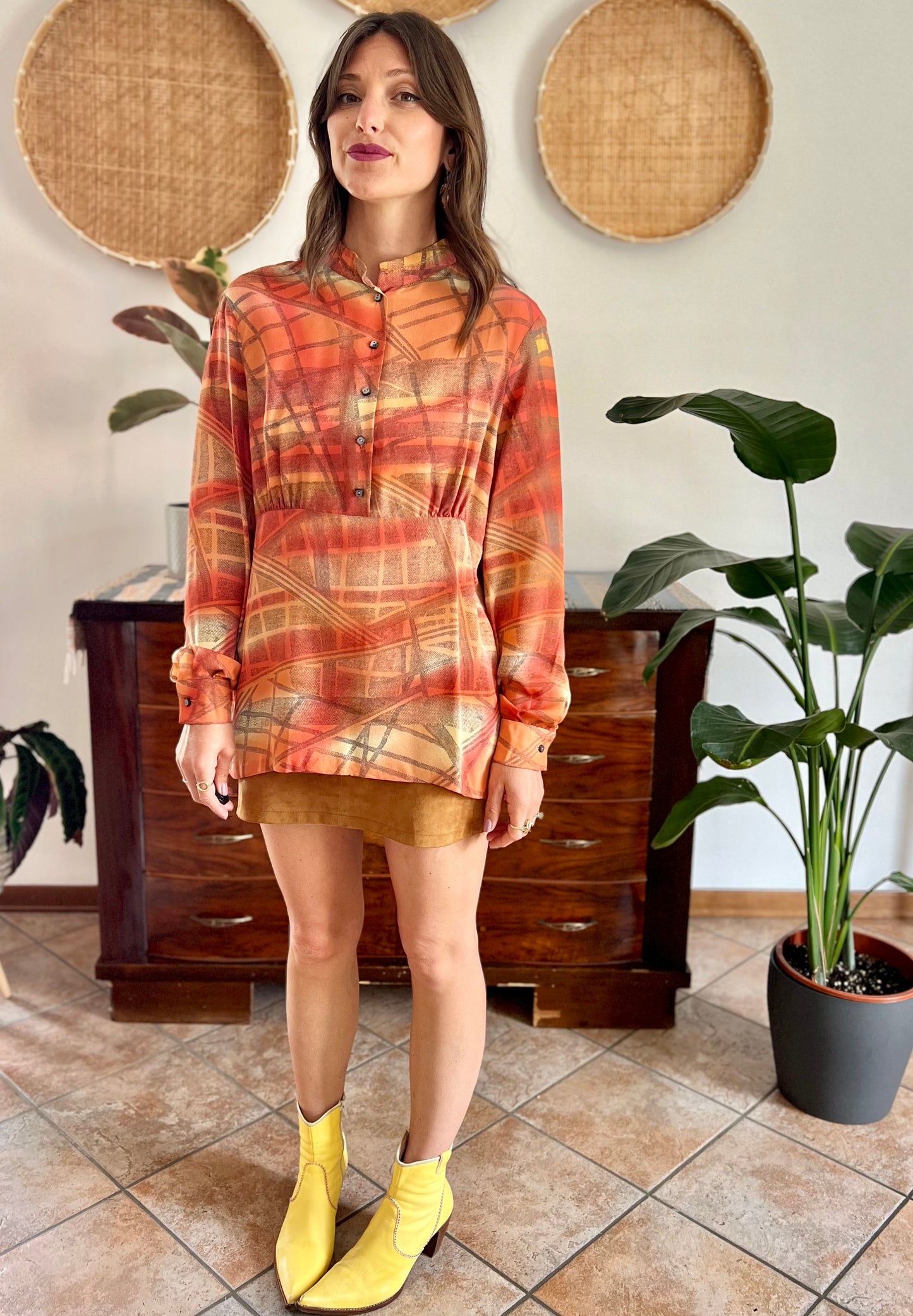 1970's vintage silk peach, grey and yellow abstract geometric print blouse