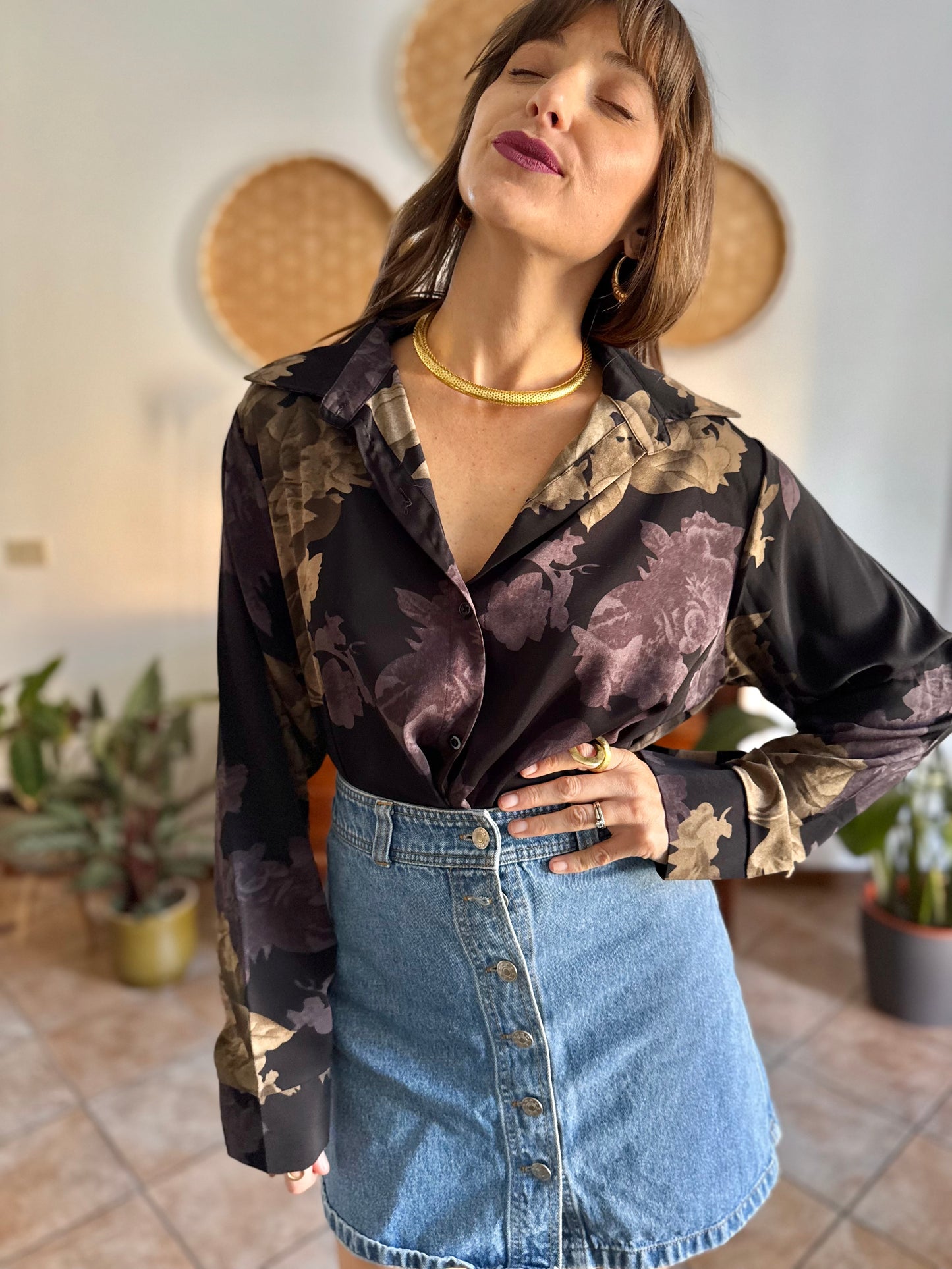 1990's vintage black blouse with purple and beige floral print