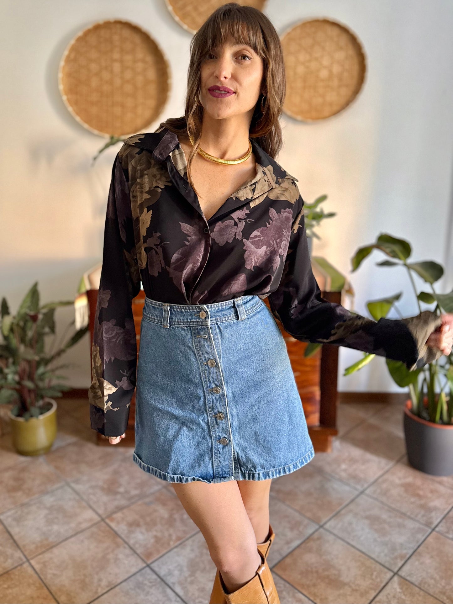 1990's vintage black blouse with purple and beige floral print