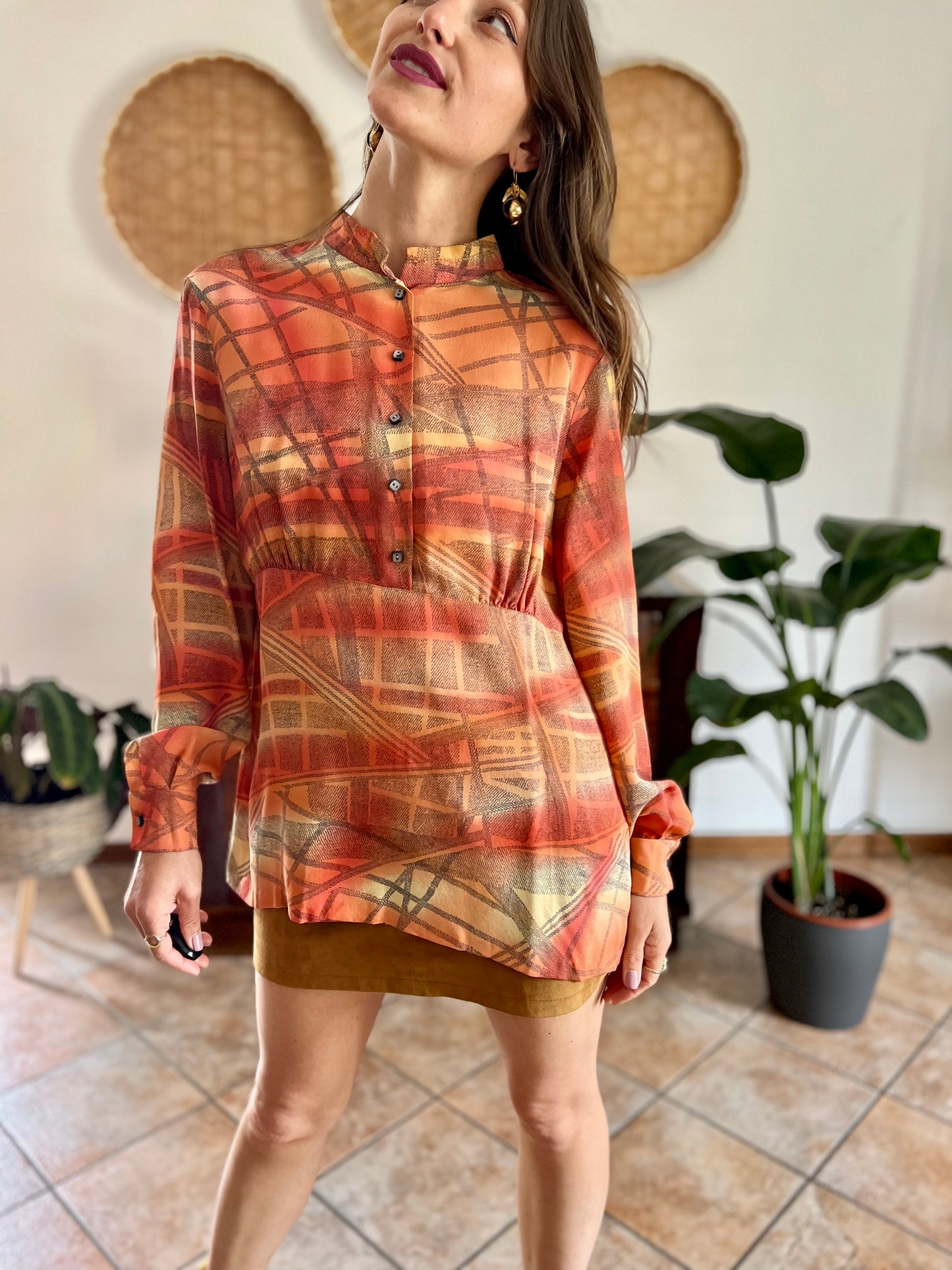 1970's vintage silk peach, grey and yellow abstract geometric print blouse