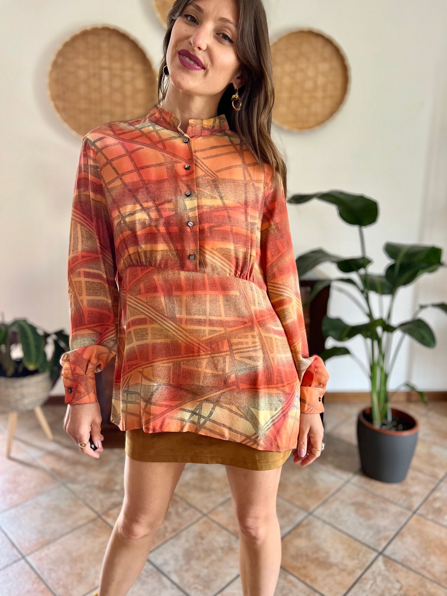 1970's vintage silk peach, grey and yellow abstract geometric print blouse