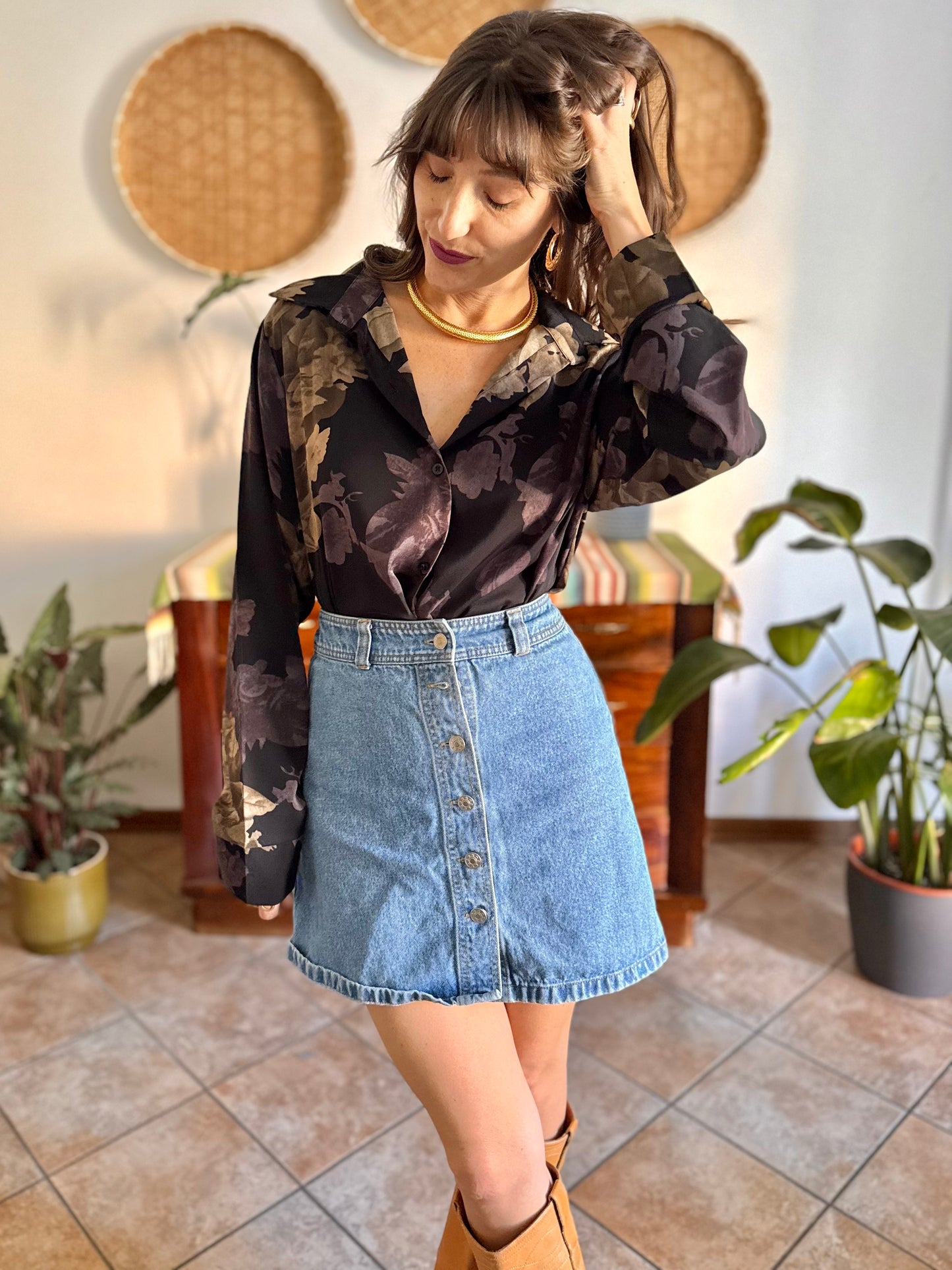 1990's vintage black blouse with purple and beige floral print