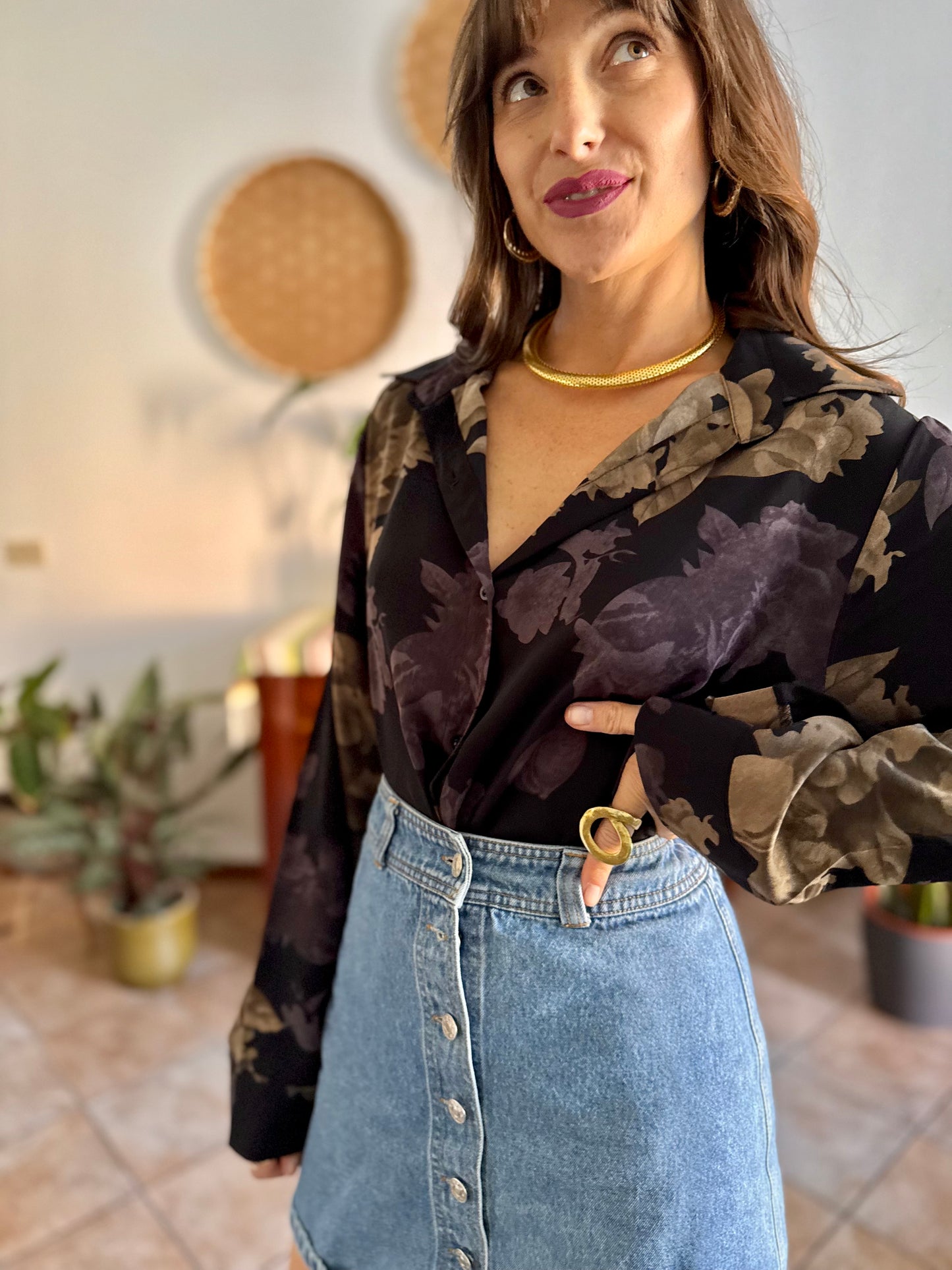 1990's vintage black blouse with purple and beige floral print