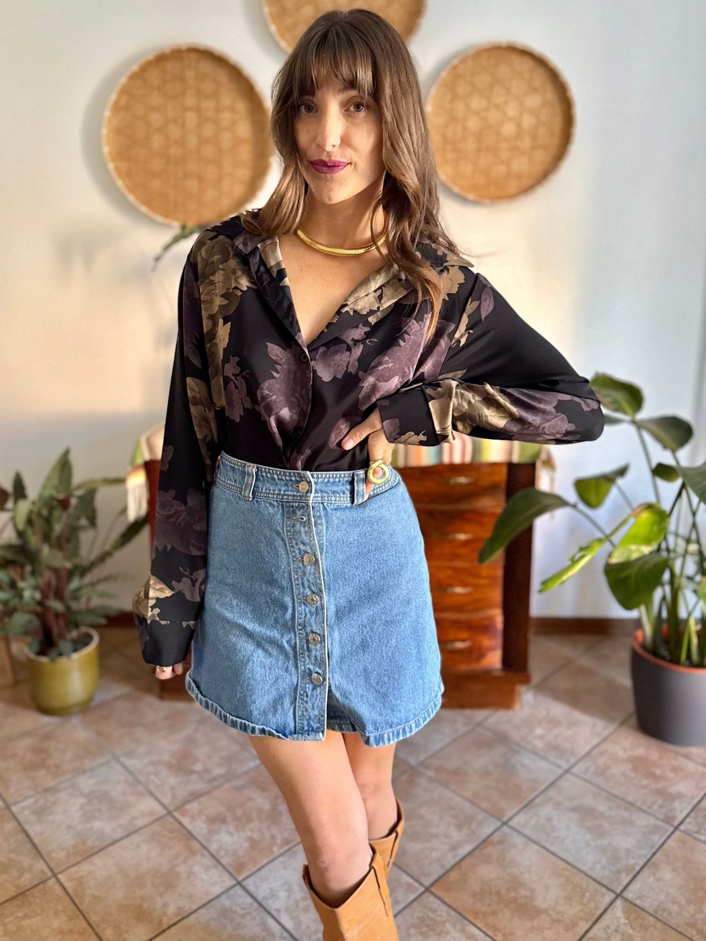 1990's vintage black blouse with purple and beige floral print